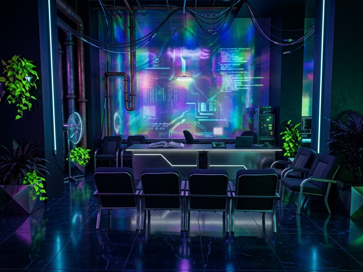 An incredibly lifelike, richly detailed, photorealistic wide-angle interior photo of a cyber eclectic fusion office set in a sleek, high-tech urban terminal. The scene is illuminated by a moody interplay of dark contrasts and vibrant neon accents in electric blues, deep purples, and radioactive greens, creating a mysterious, high-energy tech-inspired atmosphere. Captured with a professional 24mm architectural lens, emphasizing the shimmering shifting surfaces of holographic wall art, raw exposed industrial pipes, and the sharp lines of LED-accented elements, this redesigned space balances gritty urban grunge with premium futuristic design. 

In this reimagined layout, the plain back wall is transformed into a dramatic accent installation featuring dynamic holographic wall art that shifts colors as visitors move through the space. Below, a sleek, dark metal reception desk integrated with glowing linear LED strips replaces the old furniture. On its matte-black, mixed-media surface rests a thick, open art photography book alongside minimalist digital interfaces. The guest seating consists of futuristic, ergonomic metal chairs featuring dark, tech-weave fabrics that match the room's high-contrast palette. Lush indoor plants, like neon pothos and dark-leafed ferns, are placed in metallic, geometric planters to add an organic layer to the cybernetic environment, while the polished floor tiles mirror the vibrant neon glows from above, making the entire office feel boundlessly deep and interactive.