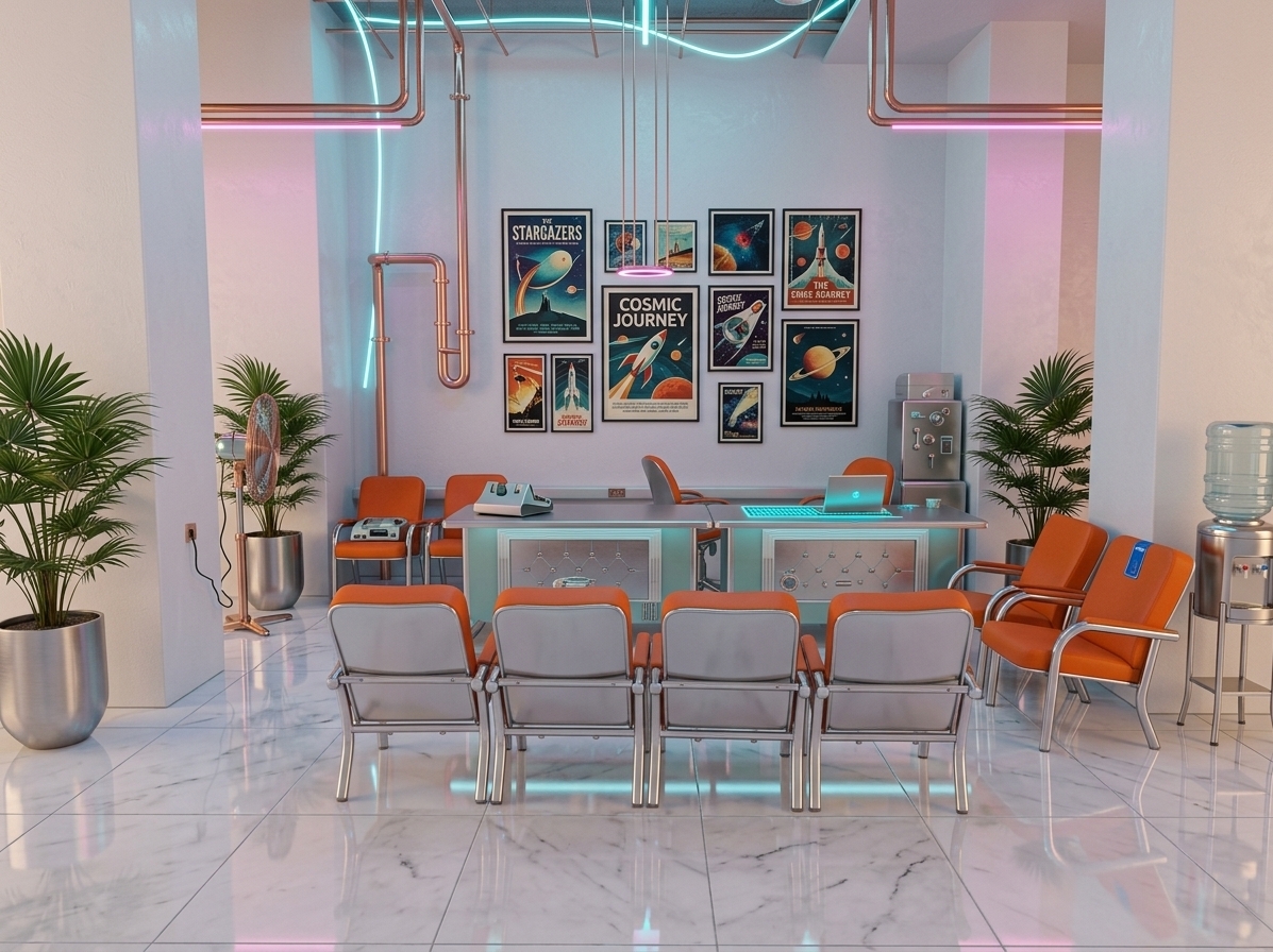 An incredibly lifelike, richly detailed, photorealistic wide-angle interior shot of a retro-futuristic creative office set in a spacious, high-ceilinged corporate lobby. The scene is illuminated by a blend of warm, understated pastel ambient light and vibrant neon pink and cyan strip lighting concealed along the architectural crevices, creating a nostalgic, space-age, and boldly innovative atmosphere. Captured with a Hasselblad H6D-100c and a 24mm wide lens, emphasizing the glossy, mirror-like reflections on the polished white marble floor and the stylized metallic surfaces. 

Framed by massive, clean white structural pillars, the central desk area is reimagined with sleek, aerodynamic mid-century modern furniture, featuring streamlined control-panel style desks finished in brushed silver and pastel teal, accompanied by iconic, curved fiberglass chairs with vibrant orange cushions. The tall back wall is adorned with a striking gallery of framed vintage sci-fi posters with bold, stylized typography and illustrations of celestial elements. Reaching up to the exposed high ceiling, minimalist conduits glow with neon accents, while oversized metallic planters holding lush, fan-leaved indoor palms bridge the gap between organic warmth and futuristic design, giving the space a distinct, cinematic, mid-century-meets-outer-space aesthetic.