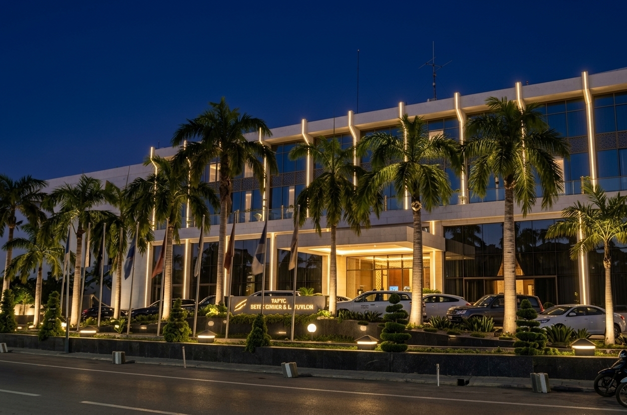 An incredibly lifelike, richly detailed, photorealistic wide-angle exterior architectural shot of a premium five-star luxury hotel facade infused with Moroccan mystique, set in a manicured tropical garden landscape. The scene is illuminated by a warm, sophisticated glow from integrated golden LED strips, structural uplights, and hidden spotlights, creating an opulent and elegant evening atmosphere. Captured with a professional medium-format camera and a 35mm tilt-shift lens, emphasizing the sleek textures of dark reflective glass, smooth white stone columns, and intricate laser-cut brass screen patterns. 

Under a deep indigo spring night sky, the commanding facade combines clean modernist lines with exotic geometric details inspired by Moroccan design. The vertical concrete columns of the hotel are traced with subtle, warm linear lighting, casting a brilliant glow on the dark-tinted floor-to-ceiling windows. The line of tall, aesthetic palm trees and sculpted ornamental shrubs in the foreground are dramatically lit from below, accentuating their leafy silhouettes against the glowing building. The driveway features polished dark granite paving that reflects the warm ambient light spill, while elegant banners softly sway in the gentle night breeze. The overall design harmonizes contemporary luxury with traditional charm, exuding a sense of elite hospitality and welcoming warmth.