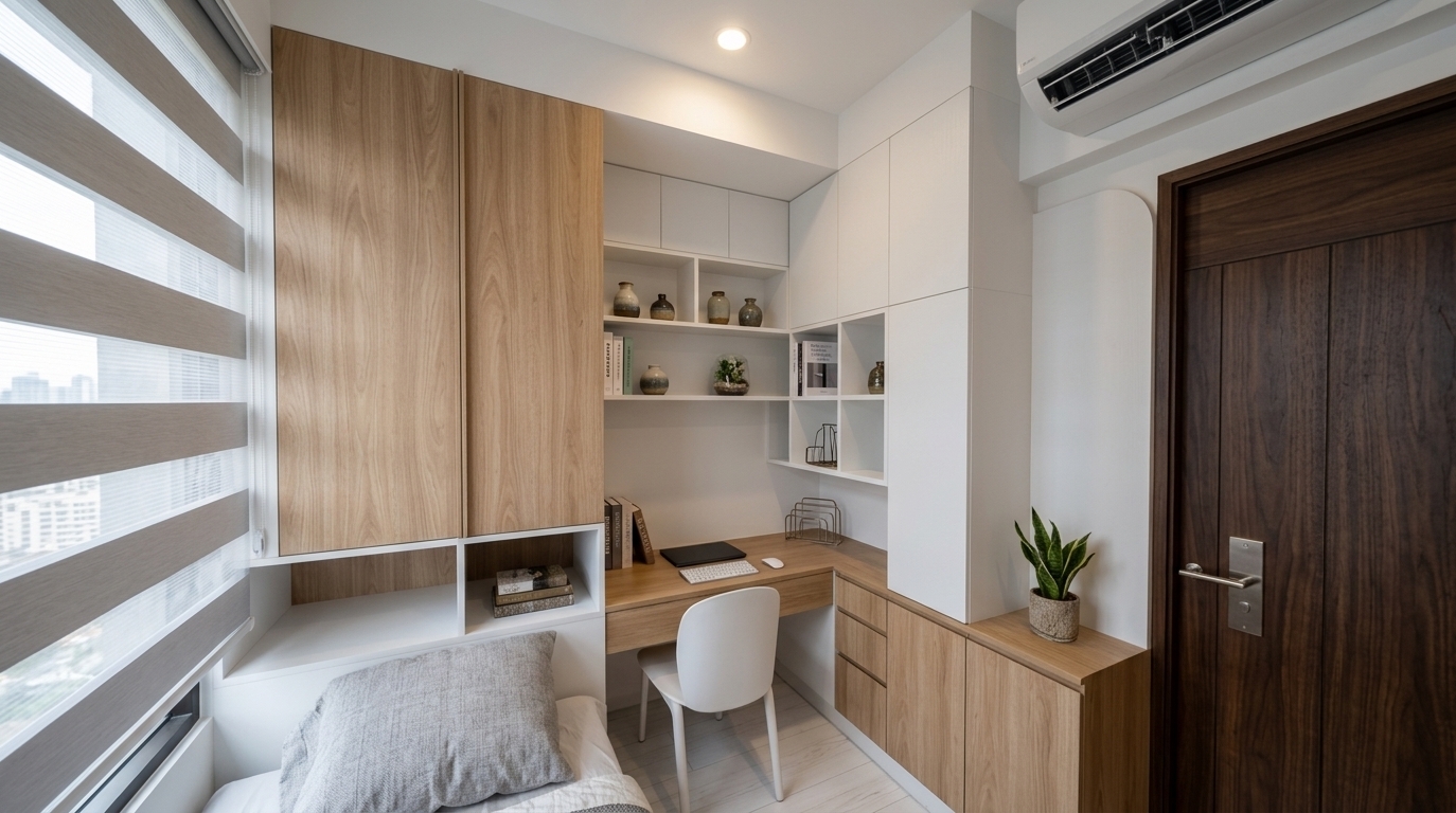 An incredibly lifelike, richly detailed, photorealistic wide-angle interior shot of a minimalist, space-efficient study and bedroom set in a modern urban apartment. The scene is illuminated by soft, natural daylight filtering through horizontal zebra blinds and a warm recessed ceiling spotlight, creating a serene, inviting atmosphere. Captured with a professional 24mm architectural lens, emphasizing the fine grain of light wood veneers and the crisp texture of matte white cabinetry, the composition elegantly highlights the bespoke, space-maximizing storage. 

The custom-designed cabinetry seamlessly integrates a compact wardrobe, open display shelving, and an L-shaped writing desk paired with a sleek, white molded chair. In the foreground, a cozy bed with a plush, textured light gray pillow rests against the window wall, offering a gentle connection to the outdoors through the soft-focus blinds. To the right, the deep, warm tones of a dark wood door with a brushed-metal handle provide a sophisticated contrast to the room's bright, neutral palette, while a modern split-block air conditioner sits neatly above, completing this highly functional and beautifully rendered urban sanctuary.