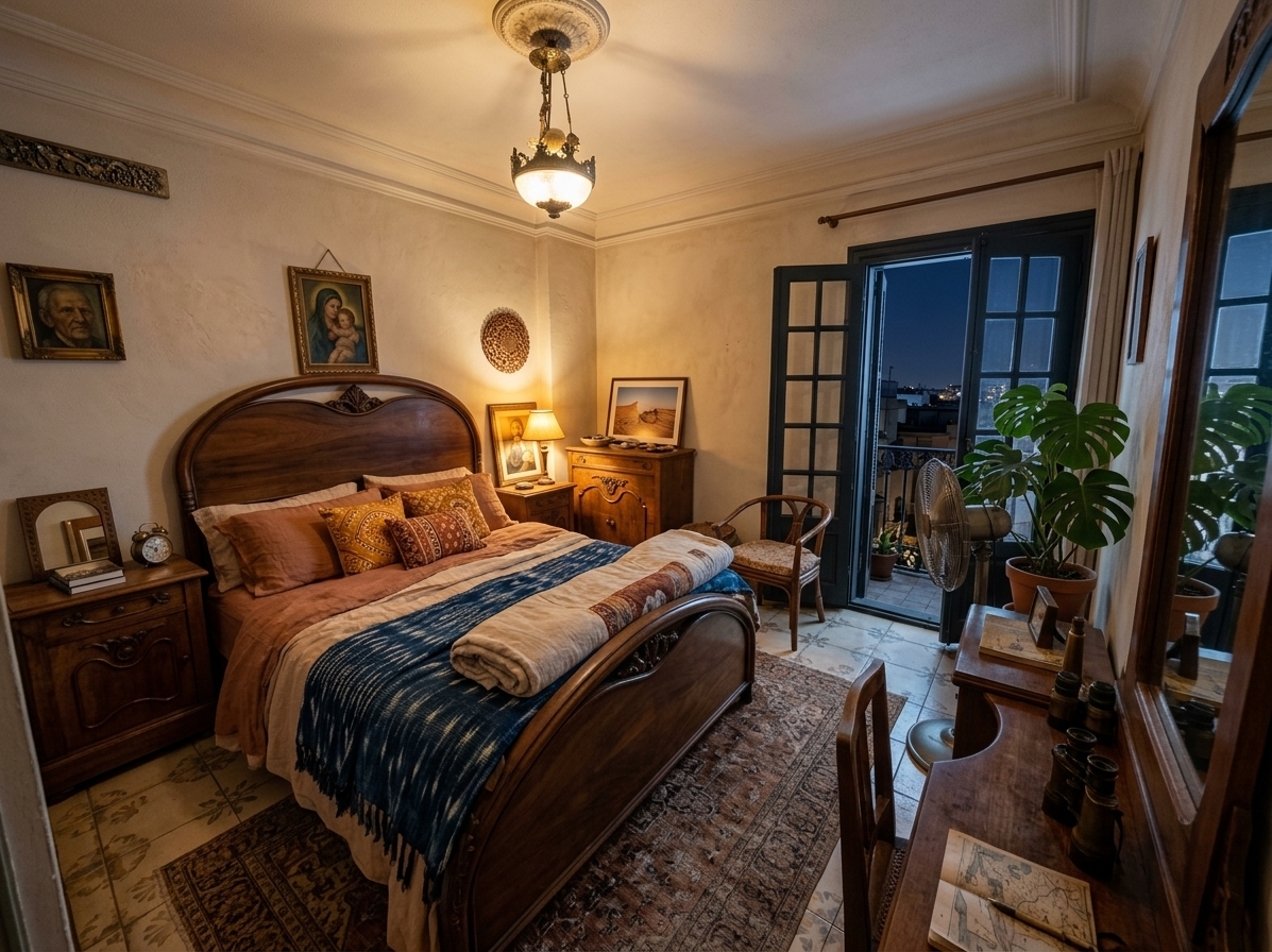 An incredibly lifelike, richly detailed, photorealistic wide-angle interior photograph of a reimagined "Traveler's Trove" bedroom set in a cultured city-center apartment on a warm summer night. The scene is illuminated by the soft, amber glow of a low-slung brass bedside lamp and gentle moonlight filtering through the open balcony doors, creating a cozy, nostalgic, and adventurous atmosphere. Captured with a high-end mirrorless camera with a 24mm f/1.4 prime lens, emphasizing the intricate textures of global textiles, rich wood grains, and the vibrant patina of collected travel artifacts, the space transforms the room's design into a sanctuary of wanderlust. The master bed, featuring its refinished dark walnut headboard, is dressed in luxurious, rumpled linen sheets in shades of warm terracotta and cream, layered with a hand-woven indigo ikat throw and an array of block-printed saffron cushions. Flanking the bed, a mix of vintage teak and modern minimalist side tables serve as collected surfaces, displaying stacked photography books, brass binoculars, and ceramic dishes filled with keepsakes from distant lands. The aged plaster walls are finished in a tactile, warm off-white, adorned with a curated gallery of travel-inspired wall art, including framed antique maps and striking black-and-white photographs of far-off landscapes. In the corner, where a simple wooden chair once stood, a large, leafy monstera plant thrives in a terracotta pot, its green fronds whispering in the summer breeze flowing through the dark-framed French doors. Underfoot, the high-contrast tiled floor is softened and grounded by a large, faded vintage Persian rug that weaves together the room's rich earth tones and bright, worldly accents into a cohesive, artistic, and deeply personal retreat.