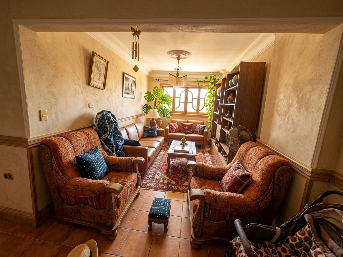 An incredibly lifelike, richly detailed, photorealistic wide-angle interior photo of a curated living room set in a sunlit, eclectic apartment. The scene is illuminated by bright, golden midday summer sunlight streaming through the rear window, creating a warm, adventurous, and nostalgic atmosphere. Captured with a 24mm lens, emphasizing the layered textures of hand-woven global textiles, raw wood grains, and lush green foliage, the reimagined space sheds its heavy matching set for a sophisticated, worldly "Travelers Trove" aesthetic. The walls are finished in a warm, textured sand plaster, providing a neutral backdrop for a gallery of travel-inspired wall art, featuring vintage cartography and framed black-and-white desert photography. A harmonious mix of vintage and modern furniture anchors the room: a sleek, low-profile cognac leather sofa faces a beautifully carved vintage colonial armchair upholstered in a vibrant, spice-toned rustic weave. At the center sits a weathered teakwood coffee table holding a thick, glossy photography book on ancient architectures, alongside a brass incense burner. Plush throw pillows in contrasting global patterns—including bold Turkish kilims and indigo mudcloth—add vibrant pops of color to the earthy terracotta and ochre room palette. To the right, a minimal mid-century media console displays a collected surface of brass souvenirs, antique globes, and clay pottery, while towering potted monstera plants and trailing pothos frame the window, linking the cultured interior to the bright, breezy outdoor elements.