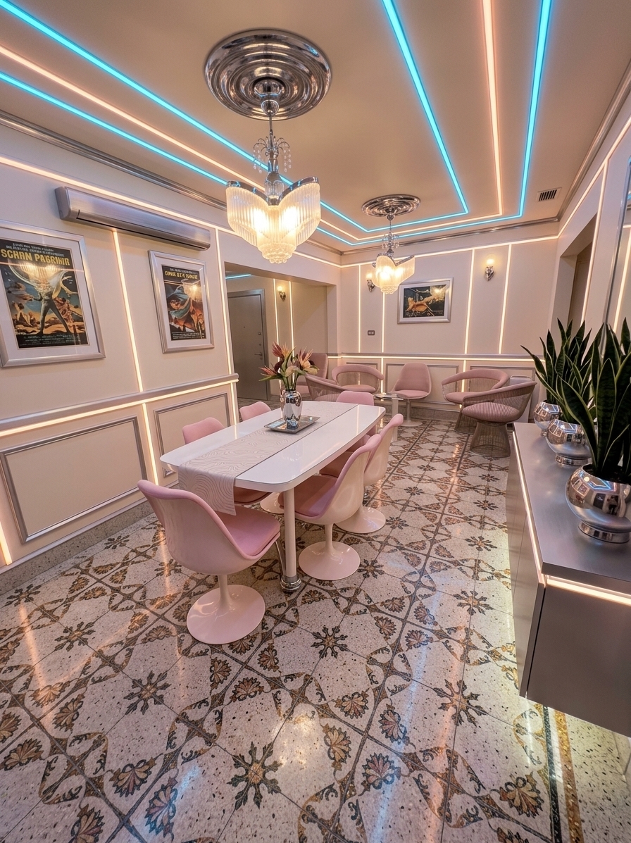 An incredibly lifelike, richly detailed, photorealistic wide-angle interior photograph of a reimagined, high-end retro-futuristic dining room set in a sophisticated urban apartment during a warm summer night. The scene is illuminated by a captivating blend of soft pastel ambient lighting and recessed glowing neon stripes in electric blue and warm peach, creating a nostalgic, space-age, and vibrant atmosphere. Captured with a professional medium format camera and a 24mm wide-angle lens, emphasizing the ultra-smooth curves of the furniture, polished terrazzo flooring with embedded metallic flecks, and clean geometric lines. At the center of the room, a streamlined dining table with a white glossy composite top is paired with iconic mid-century Tulip-style chairs featuring plush pastel-pink cushions. The walls are a smooth, matte cream, adorned with a curated gallery of vintage sci-fi poster wall art in sleek aluminum frames. Replacing the heavy wardrobe is a low-profile, floating credenza dressed in brushed silver with integrado neon under-lighting, while sculptural, chrome-pot planters holding lush, dark-green snake plants inject life into the corner of the room. The entire layout feels balanced, open, and incredibly artistic, evoking the high-design aesthetic of a premium retro-futurism photography book.