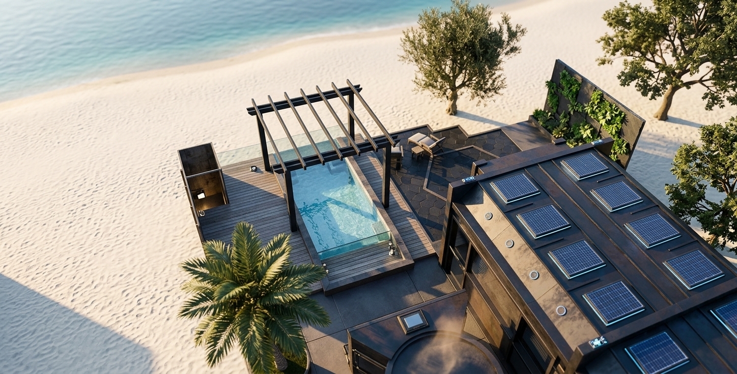 An incredibly lifelike, richly detailed, photorealistic high-angle drone shot of a futuristic "techno-wonderland" space villa's private outdoor oasis, set directly on a pristine beach with powdery white sand. The scene is illuminated by the warm, golden glow of a late afternoon sun casting long, geometric shadows, creating a serene yet ultra-luxurious atmosphere. Captured with a high-resolution aerial camera and a wide-angle tilt-shift lens, the shot emphasizes the sharp contrast between raw coastal elements and high-tech architectural textures. 

Situated on the villa's multi-level modern deck, a sparkling crystal-clear plunge pool is topped with a sleek, dark-charcoal minimalist metal pergola. Nearby, on a patio paved with dark, polygonal tiles, sits a high-design outdoor sitting area with contemporary lounge chairs. The villa's rugged, industrial-style dark metal roof is lined with glowing blue, state-of-the-art integrated solar panels. Lush landscaping frames the space: a vibrant green palm tree sways gently in the breeze, while a dedicated green area features clean slate-grey stones, low-lying shrubs, and a vertical living plant wall, blending the villa's futuristic technology seamlessly into the natural, oceanside paradise.