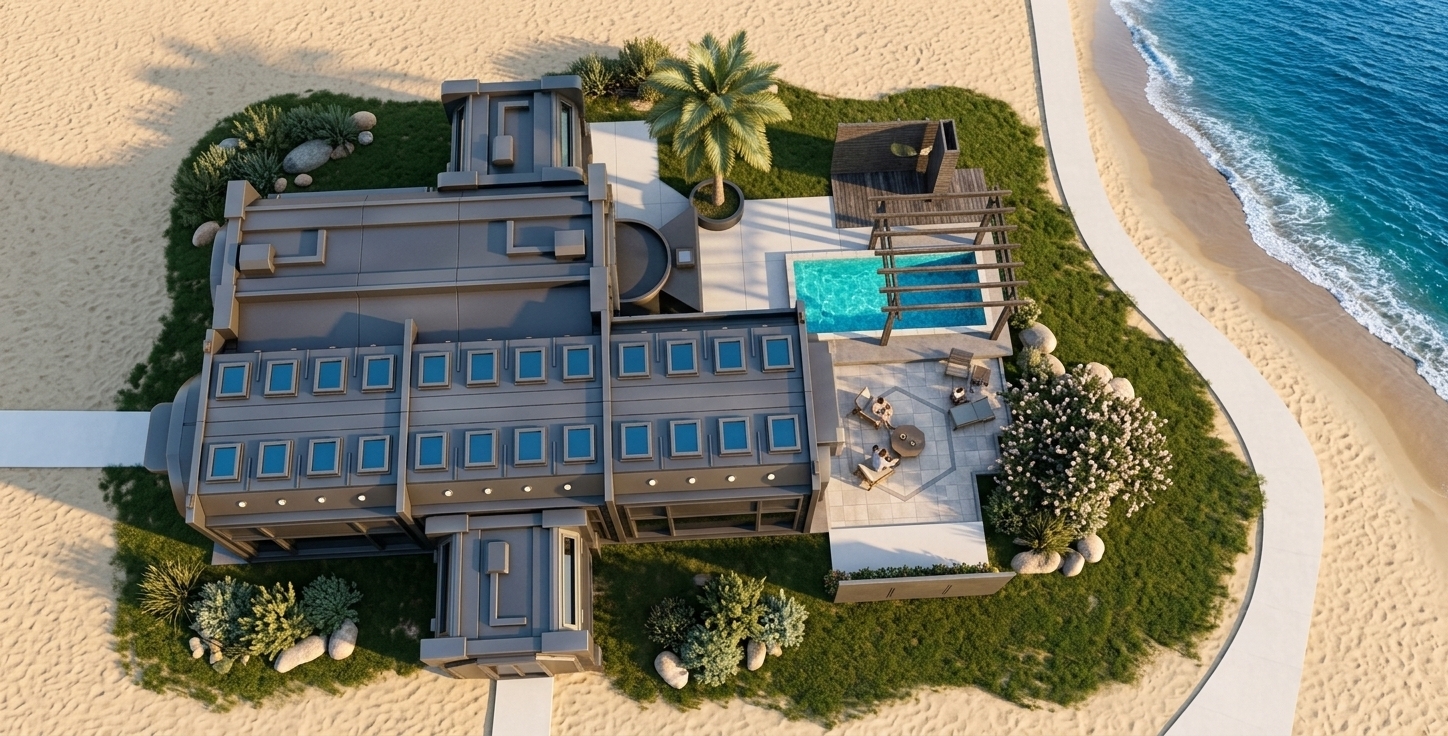 An incredibly lifelike, richly detailed, photorealistic aerial drone shot of a futuristic, techno-wonderland villa set in a serene beach environment. The scene is illuminated by the warm, golden glow of a late afternoon sun casting long, soft shadows, creating a serene yet high-tech atmosphere. Captured with a Hasselblad H6D-100c with a 24mm prime lens, emphasizing the matte, dark gunmetal finish of the sleek modular facade, the crystal-clear turquoise plunge pool, and the soft textures of the surrounding sand and lush green foliage.

This spacey, ultra-modern villa on the beach features a symmetrical design with dual-axis wings, a low-pitched roof lined with double rows of square, blue-tinted skylights, and metallic panels that give it a sophisticated industrial look. A clean, white concrete walkway cuts through the fine beach sand, leading guests straight to the main structure. The manicured green lawn area surrounding the residence is tastefully landscaped with hardy coastal shrubs, smooth beach stones, and a towering palm tree emerging from a planter. On the opposite side, an inviting outdoor pool area boasts a rectangular plunge pool framed by a dark wooden pergola, neighboring an elegant octagonal tiled patio where a family enjoys the tranquil seaside setting on minimalist outdoor lounge chairs, offset by the brilliant blue ocean waves lapping the shore.