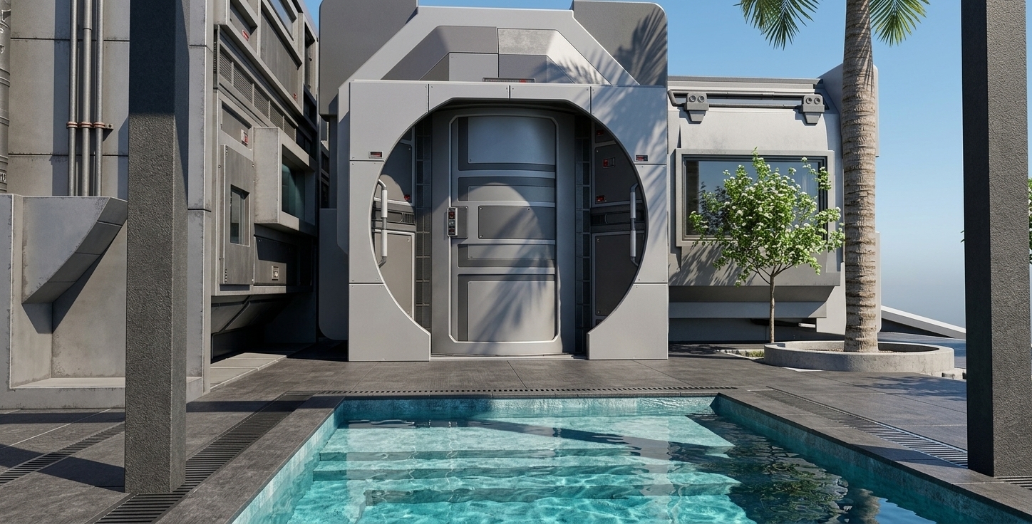 An incredibly lifelike, richly detailed, photorealistic eye-level wide-angle architectural shot of a sleek, modernist space villa's outdoor plunge pool area set in a high-tech techno-wonderland oasis. The scene is illuminated by brilliant, direct tropical sunlight that casts sharp, crisp geometric shadows across the composite tiling, creating a serene, ultra-modern, and luxurious atmosphere. Captured with a Hasselblad H6D-100c on a 24mm wide-angle lens, emphasizing the shimmering ripples of the turquoise water in the foreground steps, the smooth, matte-grey industrial panels of the circular airlock-style entrance module, and the realistic, organic textures of a slender palm tree and a delicate, flowering green shrub in a circular planter. The symmetrical framing, flanked by textured dark grey pillars, grounds the composition to highlight a perfect harmony between cold, futuristic modular architecture and a relaxing, sun-drenched sanctuary.