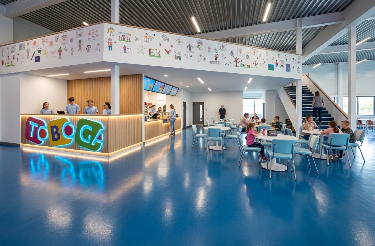 An incredibly lifelike, richly detailed, photorealistic wide-angle interior photograph of a lively family restaurant zone set in a high-energy "techno wonderland" indoor play park. The scene is illuminated by crisp, recessed cool-white overhead LEDs and vibrant neon underlighting, creating a playful, futuristic, and highly energetic atmosphere. Captured with a professional 24mm wide-angle lens, emphasizing the gleaming blue epoxy floor, the illuminated textures of the counter, and the joyful chaos of the space, the rendering beautifully merges industrial design with fantasy. 

Within this bustling dining area, energetic kids zoom between modern white tables while parents relax on light-blue retro chairs. Behind the warm timber service bar, friendly young staff members in casual, informal t-shirts prepare concessions and drinks. The counter serves as a glowing focal point, its corrugated light-oak laminate facade and colorful, playful logo dramatically brought to life by concealed neon underlighting that casts a vibrant, floating glow onto the seamless blue floor. Above, the sleek white mezzanine fascia is charmingly customized with colorful children's drawings, adding a personal, heartwarming touch to the high-tech industrial architecture. In the background, a crisp white staircase ascends alongside minimalist steel columns, seamlessly connecting the active dining floor to the upper level of this whimsical play pavilion.