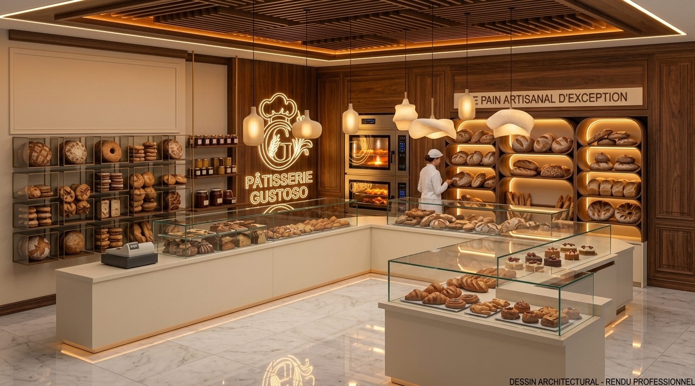 An incredibly lifelike, richly detailed, photorealistic wide-angle interior photo of a retro-futuristic pastry and coffee shop set in a sleek urban pavilion. The scene is illuminated by glowing integrated amber LEDs, a radiant neon logo, and organic pod pendant lights, creating a warm, nostalgic, and space-age atmosphere. Captured with a 35mm f/1.8 prime lens, emphasizing the intricate wood-slat ceiling, pristine marble floor reflections, and the crisp transparency of the glass showcases.

This innovative, streamlined coffee shop masterfully blends mid-century elegance with bold retro-futurism. An L-shaped geometric counter in a clean matte finish organizes the space, holding minimalist glass-enclosed displays filled with artfully crafted pastries. The back wall features rich walnut paneling adorned with a glowing, stylized neon emblem for "Pâtisserie Gustoso," contrasting beautifully against the warm wood tones. To the right, futuristic curved-pod shelving units basked in soft golden light present rows of freshly baked bread, marrying cozy old-world charm with a sleek, sci-fi-inspired aesthetic worthy of a high-end design photography book.