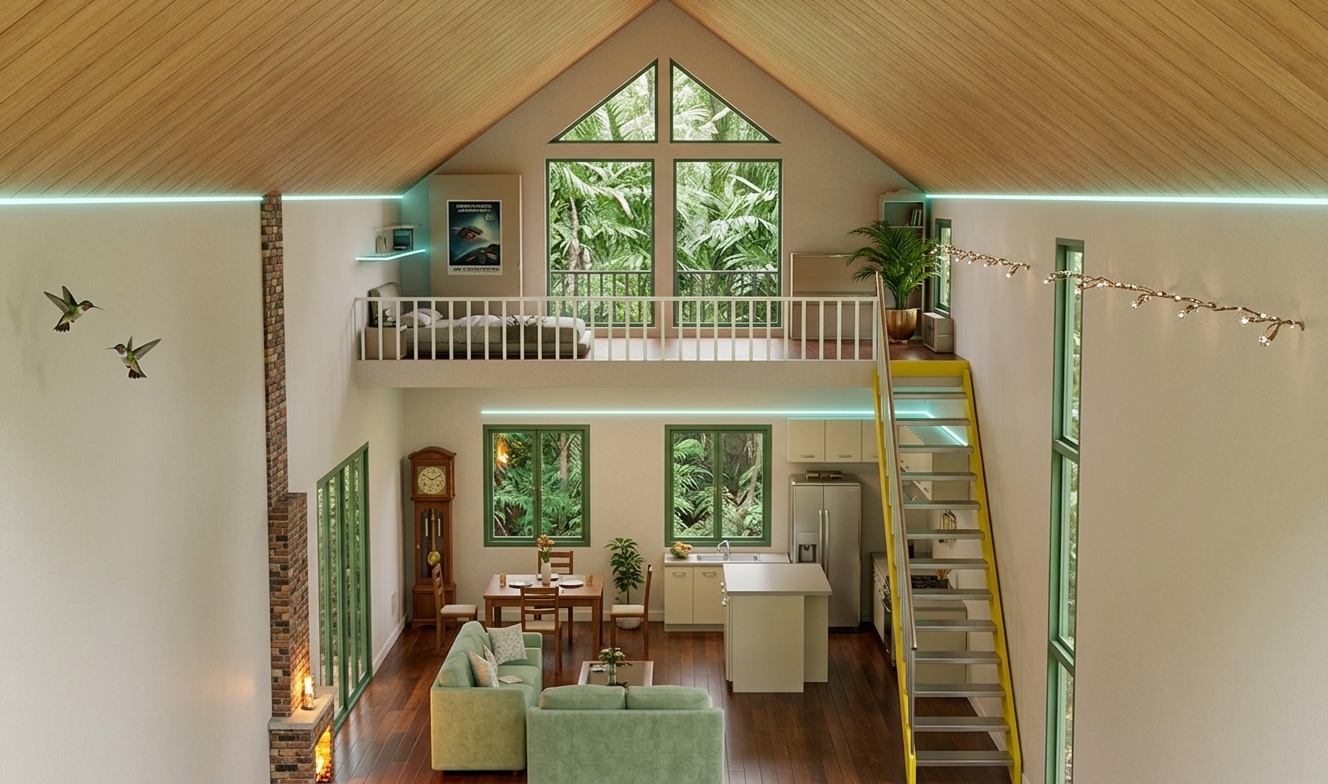 An incredibly lifelike, richly detailed, photorealistic wide-angle interior shot of a double-height retro-futuristic loft living room set in a secluded, lushly forested retreat. The scene is illuminated by soft, natural daylight filtering through high, geometric windows, punctuated by subtle neon contrasts and warm track lighting, creating a nostalgic yet space-age atmosphere. Captured with a professional 24mm tilt-shift lens, emphasizing the rich wood grain of the vaulted ceiling, stylized matte surfaces, and metallic finishes:

This striking retro-futuristic living space blends mid-century elegance with bold, space-age design. Under a dramatic vaulted ceiling lined with warm blonde wood planks, the open-plan layout features a plush pastel sage-green seating area arranged on polished hardwood floors. A striking, streamlined staircase with vibrant yellow side panels leads up to a minimalist mezzanine bedroom, bordered by a clean white railing. On the white walls, vintage sci-fi poster wall art adds a graphic punch, while metallic-accented decor, potted indoor plants, and integrated neon glow strips introduce playful futuristic contrasts. Large, green-framed triangular and rectangular windows look out onto a dense wall of tropical green foliage, seamlessly merging the interior’s innovative style with the natural world outside.