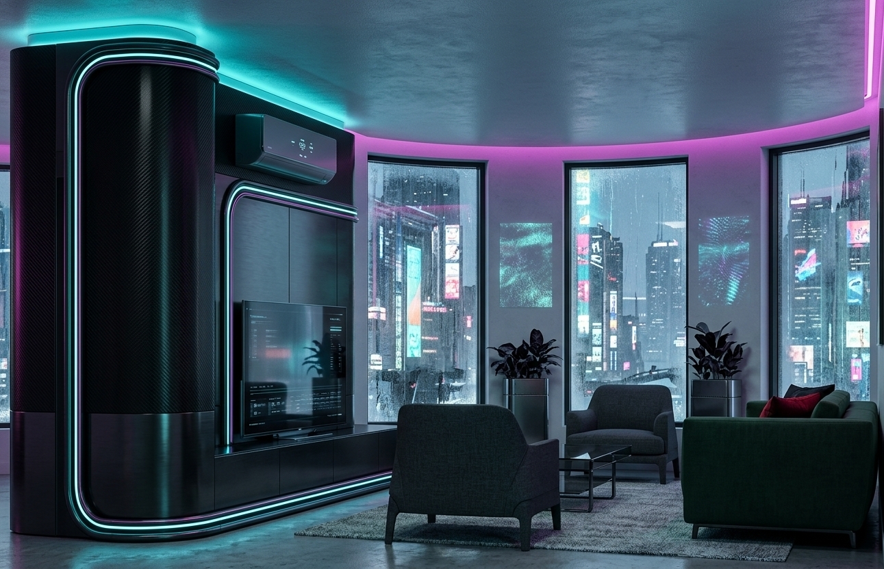 An incredibly lifelike, richly detailed, photorealistic interior photo of a futuristic, neon-noir living room set in a high-rise apartment overlooking a gritty winter metropolis at night. The scene is illuminated by glowing neon cyan and magenta ambient light strips seamlessly integrated into the architectural curves, casting cold, colorful reflections across the polished concrete floor and metallic surfaces, creating a moody, cinematic, and cybernetic atmosphere. Captured with a high-end medium format camera and a sharp wider-angle lens, emphasizing the tactile textures of brushed metal, dark industrial textiles, and the moisture condensed on the cool window panes.

This stunning visual features a towering partition structure on the left transformed into a sleek architectural element made of matte black carbon fiber and dark-brushed titanium panels. Its soft, retro-futuristic curved corner is outlined with thin, integrated neon conduits that emit a soft cybernetic glow. Embedded within this unit is a large, ultra-thin widescreen display showing ambient data streams. Above it sits a black, minimalist climate control unit with subtle digital indicators.

In the center of the room, two modernist armchairs wrapped in dark charcoal gray tech-fabric sit on a low-profile, ash-gray textured rug. They flank a minimalist coffee table crafted from dark smoked glass and a geometric matte-black steel frame. On the right, a deep forest-green structured sofa adds a rich, dark pop of color, adorned with deep crimson and black throw pillows. 

Behind the seating area, a series of tall, curved bay windows reveal a cold, wet winter night outside, with raindrops and condensation refracting the distant glowing billboards of a sprawling neon-lit cityscape. Heavy, dark gray pleated drapes flank the glass panes, creating a stark contrast with the vibrant lights outside. On the walls between the windows, subtle holographic wall art shimmers dynamically, casting soft holographic patterns across the minimalist surfaces, while high-tech, bio-engineered dark-leafed indoor plants sit in industrial steel planters, adding a touch of nature to the high-tech, gritty interior.