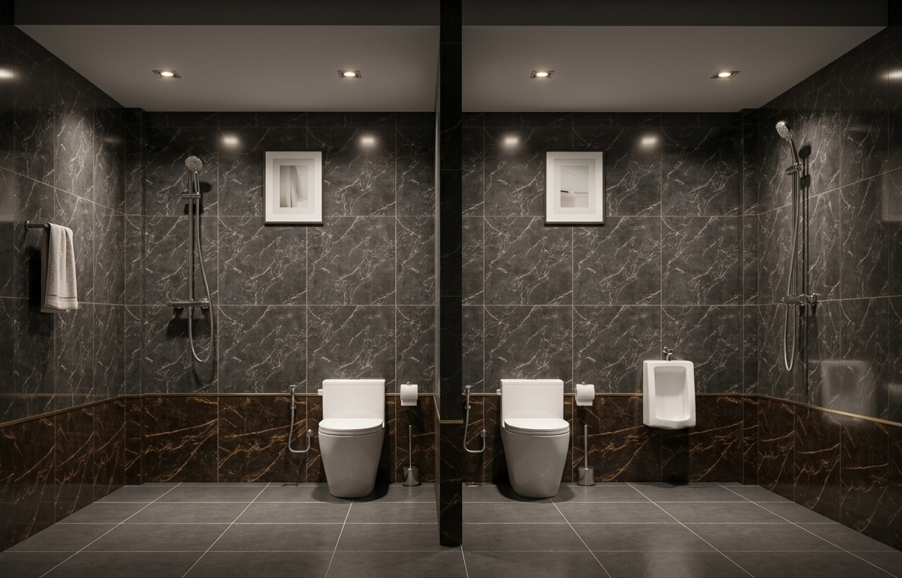 An incredibly lifelike, richly detailed, photorealistic interior photo of two contemporary elegant toilet and shower suites set in a luxurious modern residence. The scene is illuminated by soft, recessed ceiling spotlights that cast gentle pools of warm light down the walls, creating a moody, sophisticated, and intimate atmosphere. Captured with a professional wide-angle lens, emphasizing the rich, highly realistic textures of the polished marble tiling and gleaming metallic fixtures. 

The walls feature a striking, realistic duo-tone stone tile design; the upper portion is clad in large-format, polished dark charcoal marble with delicate white veining, separated by a thin, elegant gold-brass trim from a lower wainscot of deep brown marble adorned with golden-bronze swirls. Minimalist white ceramic toilets and a sleek wall-mounted urinal stand out in crisp contrast against the dark, opulent stone walls, which are further accented by high-end chrome shower columns and fixtures. The entire composition is anchored by large, matte dark grey floor tiles, achieving a perfect balance of contemporary luxury and refined, functional design.