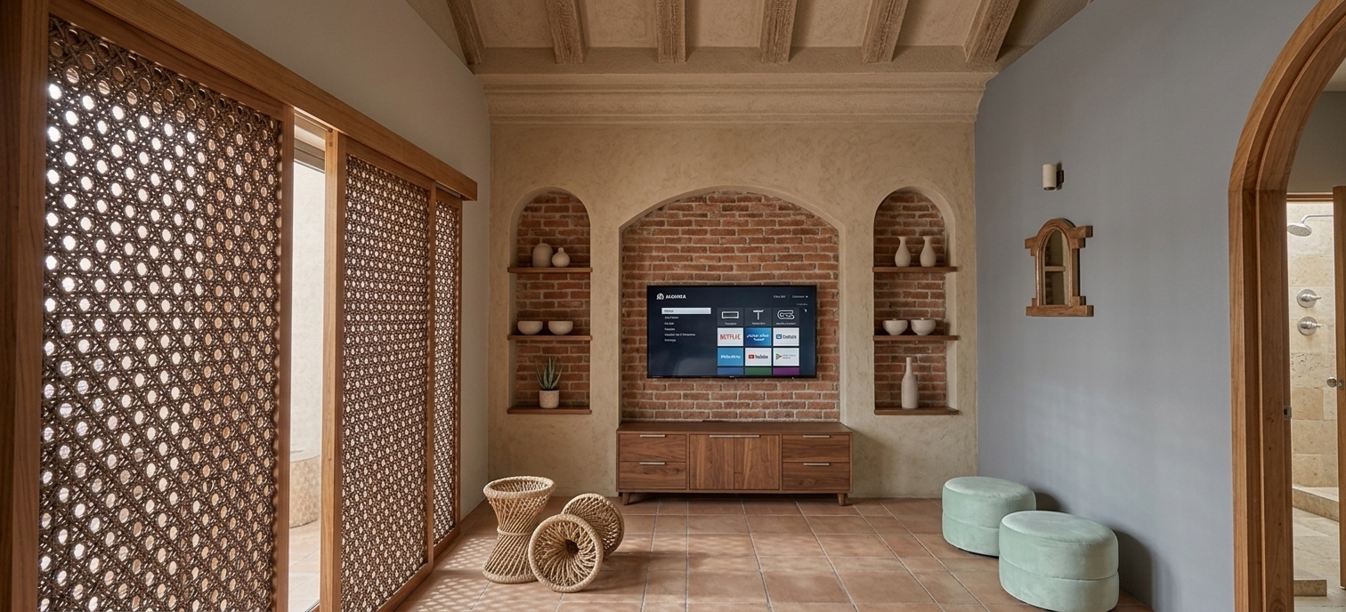 An incredibly lifelike, richly detailed, photorealistic wide-angle interior shot of a minimalist hotel room set in a serene, high-end design sanctuary. The scene is illuminated by soft, diffuse natural morning daylight filtering through woven screens, creating a calm, zen-inspired, and uncluttered atmosphere. Captured with a professional 35mm lens, emphasizing the rich, tactile contrasts between the rough red brick, smooth matte-gray plaster walls, and warm natural wood textures. 

On the left, floor-to-ceiling sliding screens with intricate dark woven rattan lattice cast soft geometric patterns across the large-format, matte terracotta tiled floor. The central focal wall features three arched brick niches recessed into a textured, sand-colored plaster partition; the wider center arch holds a sleek flat-screen TV mounted above a streamlined wooden media console with clean, functional lines. Flanking the TV, the narrow side arches serve as minimalist shelves adorned with a curated selection of matte ceramic vases and a singular, delicate potted succulent. To the right, the cool gray wall is anchored by a wide wooden arched doorway leading into a bright, stone-tiled bathroom, while two modern, low-profile cylindrical stools in a subtle pastel-mint green sit elegantly on the floor, completing this functional, clutter-free haven of modern design.