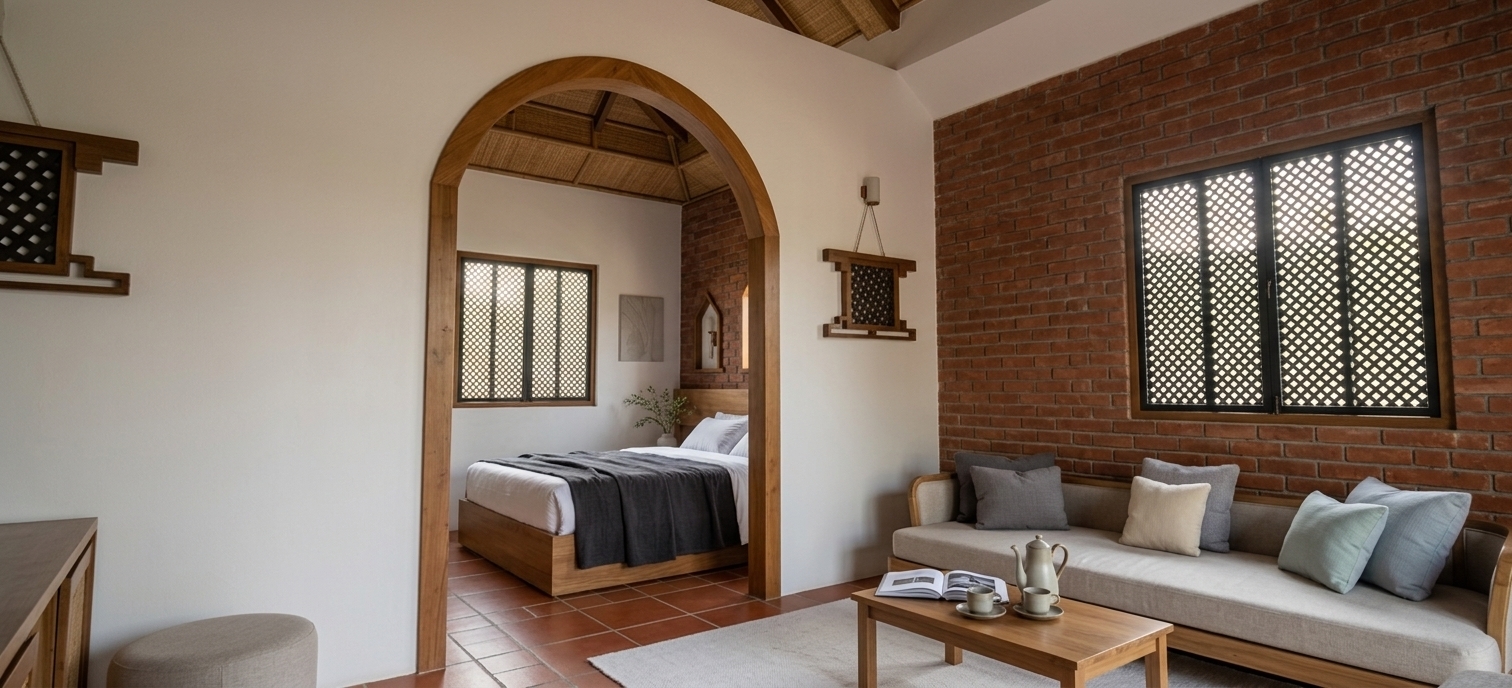 An incredibly lifelike, richly detailed, photorealistic wide-angle interior shot of a minimalist hotel room suite set in a serene boutique eco-resort. The scene is illuminated by soft afternoon sunlight filtering through latticed windows, creating a peaceful, Zen-inspired atmosphere. Captured with a professional 24mm tilt-shift lens, emphasizing the rich textures of the exposed red brick wall, smooth white plaster, and natural woodwork. This minimalist haven features an uncluttered, functional, and streamlined design. On the right, a textured red brick accent wall plays host to a sleek, modern light-wood sofa dressed in elegant cushions of muted grays, creams, and subtle pastel blues. In front of it, a low-profile wooden coffee table holds an open photography book and a minimalist ceramic tea set. A large wooden window with an intricate black geometric screen filters the incoming daylight. To the left, a pristine white wall is broken by a majestic, timber-trimmed arched entryway that frames the cozy bedroom beyond. Inside, a low platform bed is layered with crisp white and charcoal linens under a vaulted ceiling of woven bamboo panels and exposed rafters. The space remains entirely clutter-free, enhanced only by a delicate potted indoor plant on the bedside table and subtle abstract wall art, establishing an elegant and monochromatic retreat.