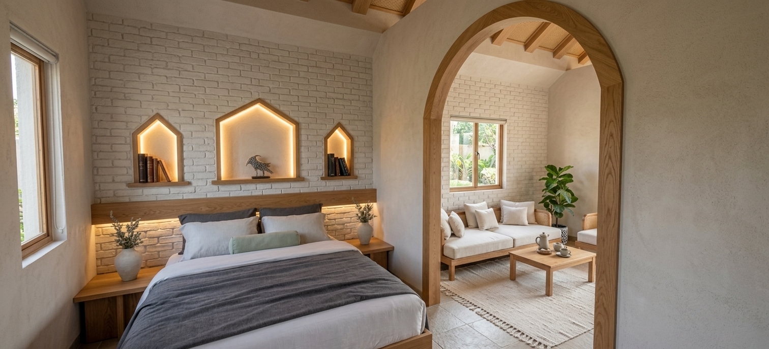 An incredibly lifelike, richly detailed, photorealistic wide-angle interior shot of a minimalist hotel room suite set in a serene boutique eco-resort. The scene is illuminated by soft, diffused afternoon sunlight washing through a side window and warm, hidden LED accent lighting, creating a calm, meditative mood atmosphere. Captured with a 35mm f/1.8 prime lens, emphasizing the tactile plaster textures, raw wood grain, and clean, streamlined silhouettes.

This modern, Zen-inspired retreat artfully balances organic warmth with sleek, minimalist design. On the left, a plush bed is dressed in crisp, hotel-quality linens in shades of white and charcoal gray, accented with a subtle pastel sage bolster pillow. Behind the bed, the wall showcases a refined, white-washed brick texture, featuring sleek, minimalist niches lit with soft, warm integrated LEDs that highlight a single abstract sculpture and a curation of premium photography books. A smooth, structural archway carved from beautifully grained natural oak frames the transition into an adjacent, sun-drenched lounge. In this uncluttered living space, a low-profile, clean-lined wooden sofa with off-white linen cushions sits atop a flat-weave wool rug. A streamlined oak coffee table displaying a ceramic tea set and a single lush, green fiddle-leaf fig plant complete the serene, spacious environment, all beneath a soaring vaulted ceiling adorned with exposed light wood rafters and natural woven rattan panels.