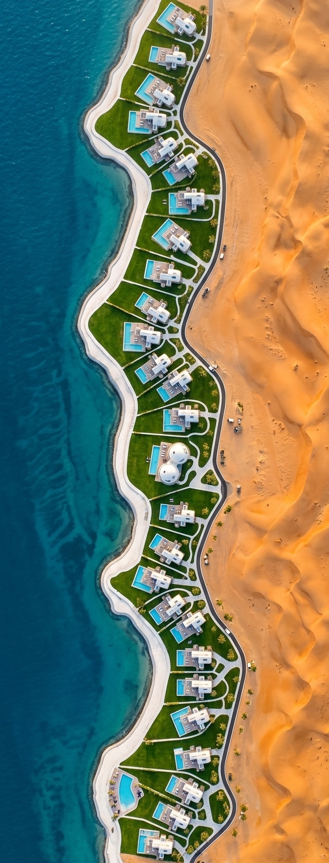 An incredibly lifelike, richly detailed, photorealistic high-angle aerial drone shot of a retro-futuristic coastal space city set in a dramatic landscape where a pristine turquoise sea meets a vast golden desert. The scene is illuminated by the brilliant, golden rays of a late afternoon sun, creating a serene, luxurious, and otherworldly atmosphere. Captured with a medium-format camera and a high-resolution wide-angle lens, emphasizing the sharp contrasts between the arid desert sands, the lush, manicured greenery around each estate, and the sparkling, crystal-clear water of the outdoor pools. 

Looking down from this bird's-eye perspective, the meticulous urban planning of the coastal resort is laid out like an elegant, high-tech circuit board. Groupings of sleek, dome-like white space villas are nestled along the shoreline, each featuring its own private, glistening outdoor swimming pool and a neatly manicured patch of vibrant emerald grass. A network of clean, curvilinear white-paved footpaths and dedicated buggy cart lanes winds seamlessly through the community, connecting the villas to one another. The deep blue sea laps gently against the clean, engineered edge of the coast on one side, while the undulating orange dunes of the desert frame the entire futuristic oasis on the other, creating a breathtaking contrast of wilderness and advanced urban luxury.
