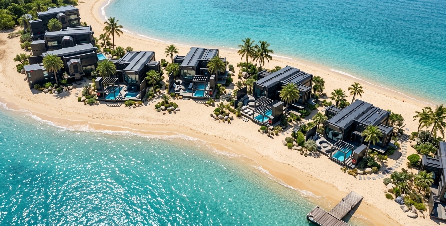 An incredibly lifelike, richly detailed, photorealistic aerial architectural photo of a series of futuristic, space-shape villas set in a pristine tropical beach environment. The scene is illuminated by brilliant, high-overhead sunlight, creating a vibrant, high-contrast techno wonderland atmosphere. Captured with a professional medium-format camera, emphasizing the sleek matte-black titanium composite panels, reflective glass facades, and the organic textures of the surrounding nature. Each modular, sci-fi-inspired villa features an inviting outdoor pool area, highlighted by a crystal-clear plunge pool tucked under a minimalist dark-metal pergola. Lush palm trees and hardy beach shrubs interspersed with decorative stones line the sandy foundations, seamlessly blending the advanced, industrial architecture with the natural shoreline. The sparkling turquoise water gently curves along the warm sand, framing these high-tech sanctuaries in an ultimate luxury coastal getaway.