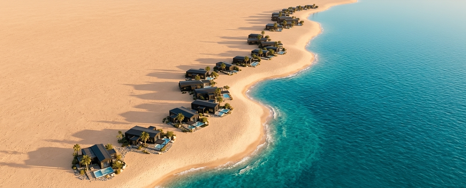 An incredibly lifelike, richly detailed, photorealistic high-angle aerial photograph of a luxury retro-futuristic coastal settlement resembling a Martian colony set in a pristine desert beach environment. The scene is illuminated by the warm, golden glow of a late afternoon sun, creating a serene yet otherworldly atmosphere. Captured with a professional medium-format camera with a wide-angle lens, emphasizing the sharp contrast between the matte-black structural panels, the glistening plunge pools, and the fine desert sands.

The serpentine array of space-shaped villa modules winds gracefully along the undulating shoreline, where the dry desert meets the brilliant turquoise sea. Representing a masterpiece of retro-futurism, each modular residence features an inviting outdoor pool area complete with a refreshing plunge pool nestled beneath a minimalist black-slatted pergola. The private stone-paved patios are beautifully landscaped with towering palm trees, hardy beach shrubs, and smooth ornamental stones, blending high-tech luxury with organic elements. The low-angled sunlight casts crisp, elongated shadows across the sand, highlighting the mesmerizing architectural rhythm of this coastal oasis.