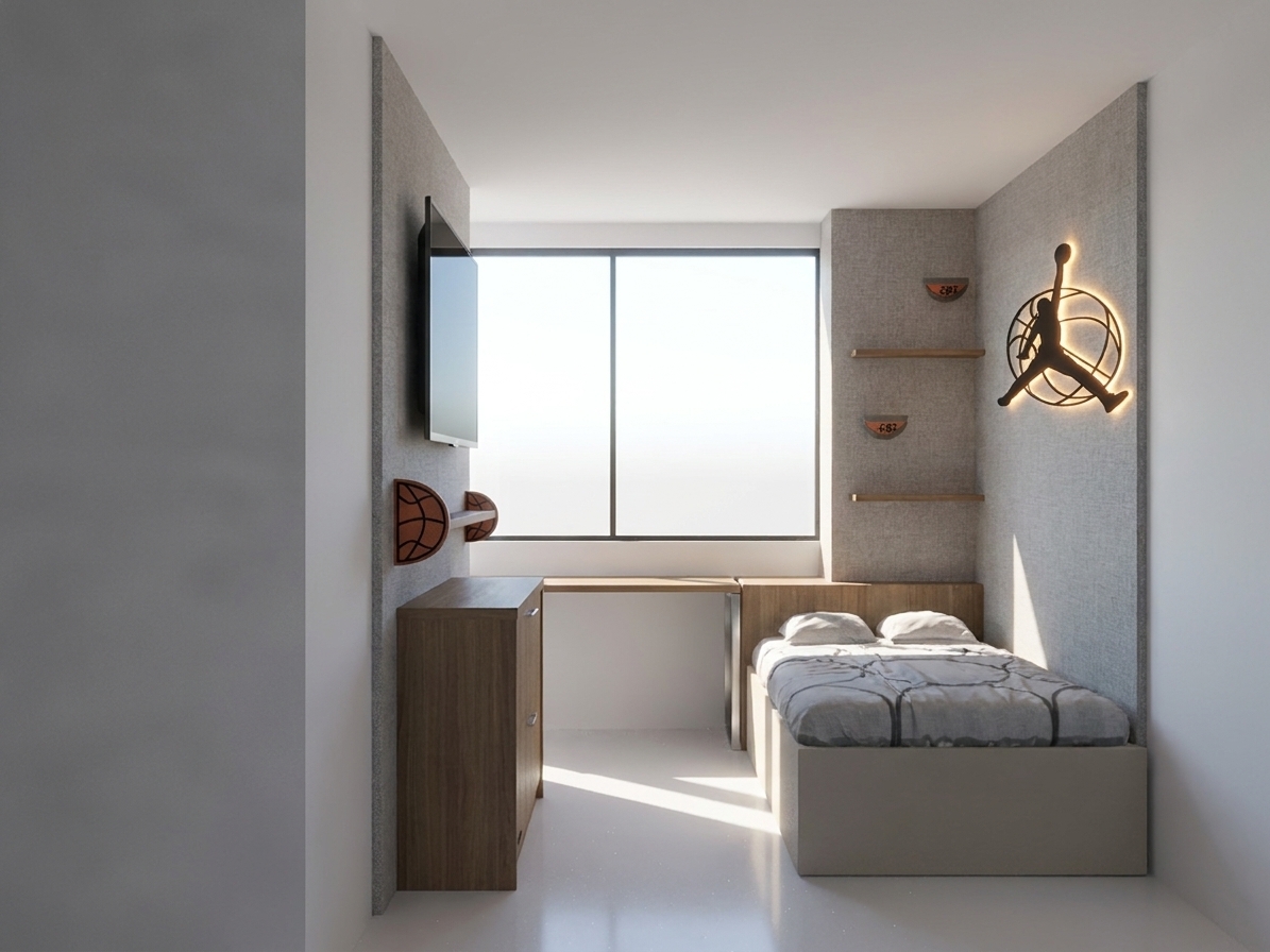 A photorealistic photograph of a modern, compact bedroom with a basketball theme, perfectly preserving the exact layout, geometry, and wide-angle camera perspective of the scene. The walls are clad in light gray textured panels with a fine, tactile surface grain. On the right-hand wall, the silhouetted basketball player decorative piece is framed by a soft, warm yellow LED backlight that casts an atmospheric glow onto the textured board. The central minimalist desk is supported by slim metal legs with a realistic satin-brushed finish, positioned in front of a large back window that floods the room with soft, natural daylight, casting crisp, realistic shadows across the smooth white floor. On the left wall, a flat-screen television is mounted above a light wood-grained cabinet, flanked by small basketball-shaped decorative elements. The single bed on the right is dressed in a patterned grey and white duvet showing natural fabric folds and soft, textured pillows. The shot is captured with a high-end DSLR lens, featuring realistic material physics, subtle surface dust, and authentic light propagation that brings the entire composition to life with natural clarity.