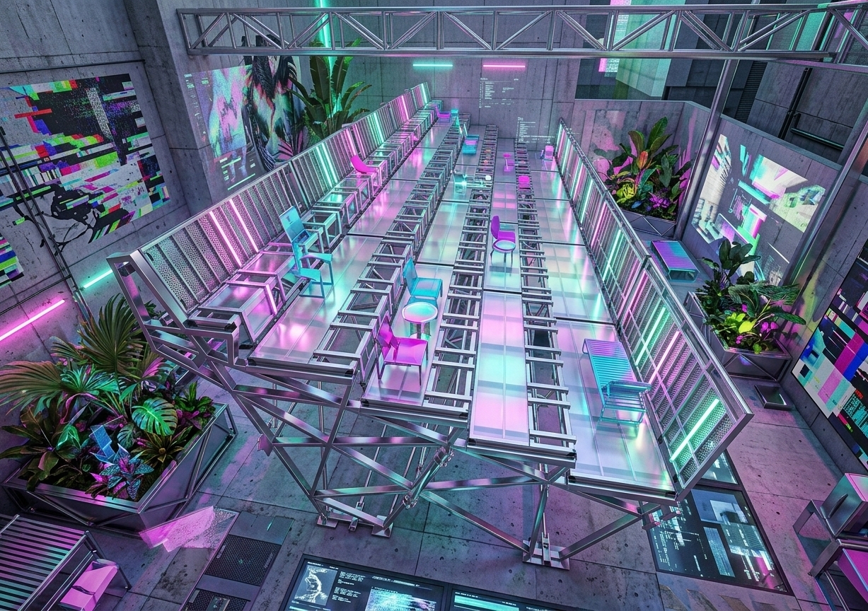 An incredibly lifelike, richly detailed, photorealistic high-angle perspective shot of a futuristic 'techno wonderland' house exterior featuring a modular, terraced steel-frame deck system set in a vibrant digital urban courtyard. The scene is illuminated by a dynamic combination of neon pink, cyan, and acid green holographic lighting, creating a surreal and playfully immersive atmosphere. Captured with a high-end medium-format camera and a wide-angle lens, emphasizing the intricate metallic trusses, reflective polycarbonate floor panels, and rich textures of the surrounding environment. 

This architectural marvel transforms a raw, industrial scaffolding structure into a multi-tiered outdoor lounge. The structural frame, constructed from polished chrome and anodized aluminum, supports semi-translucent floor gratings that glow from within. Sleek modular metal and plastic furniture in contrasting neon hues is arranged across the levels, creating dynamic, eclectic hangouts. The surrounding concrete walls are adorned with striking glitch art murals, while pockets of lush, oversized indoor plants emerge from the geometric steel frames, adding an organic softness to the highly digital, techno-inspired design.
