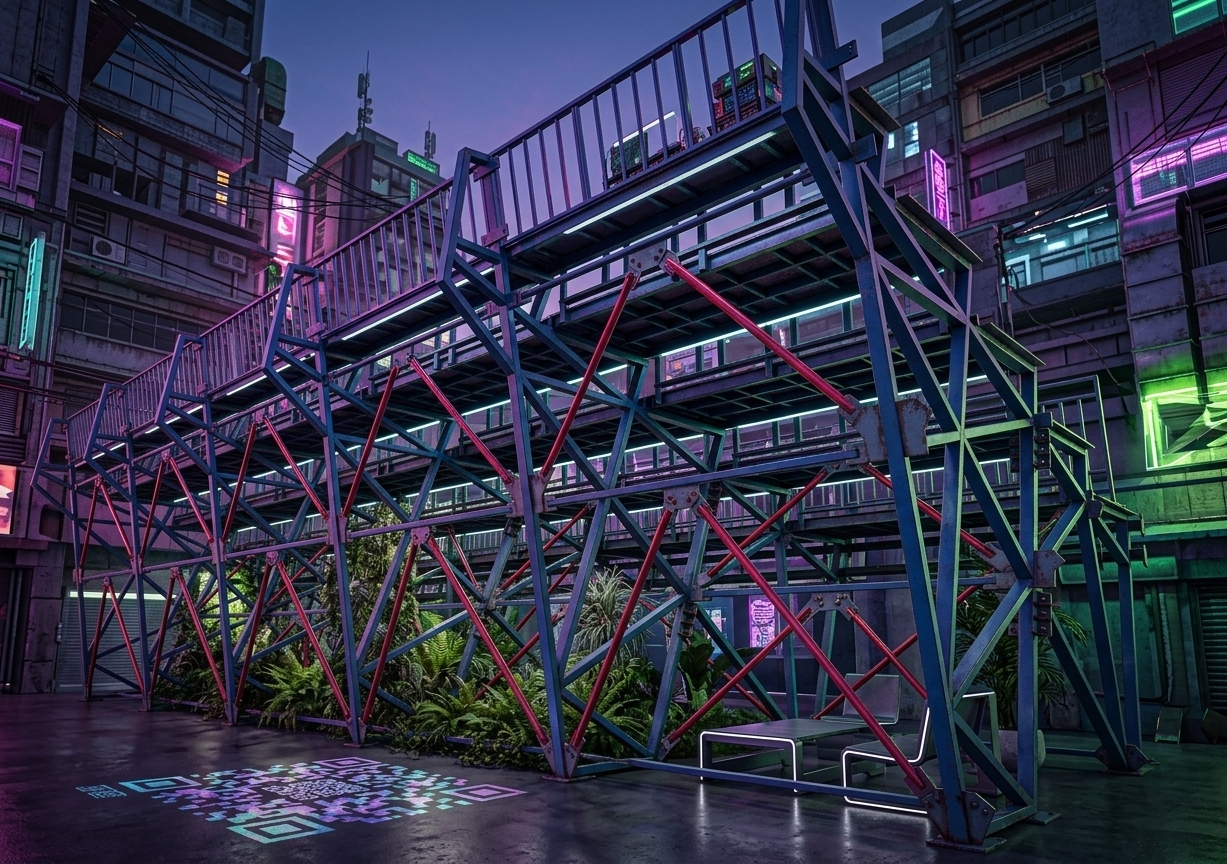 An incredibly lifelike, richly detailed, photorealistic low-angle architectural photo of a cyber eclectic fusion house exterior pavilion set in a dense, multi-layered urban environment at late twilight. The scene is illuminated by a dramatic mix of neon purples, deep blues, and sharp acid greens casting moody glows and long, dark contrasts across the complex structure, creating a vibrant, high-tech cyberpunk atmosphere. Captured with a professional 35mm tilt-shift lens, emphasizing the raw metallic textures, weathered industrial grunge on the joint plates, and the precise geometric symmetry of the beams. The massive structural framework features a mix of matte-finished titanium blue steel girders and vibrant, high-gloss neon crimson cross-braces that anchor the multi-tiered platforms. Underneath the towering superstructure, sleek metal and LED-accented outdoor furniture sits nestled among lush, overgrown exotic indoor-outdoor plants climbing up the lower supports. Holographic wall art projects shimmering, abstract geometric patterns onto the polished dark concrete ground, reflecting the brilliant, futuristic chaos of the surrounding cityscape.