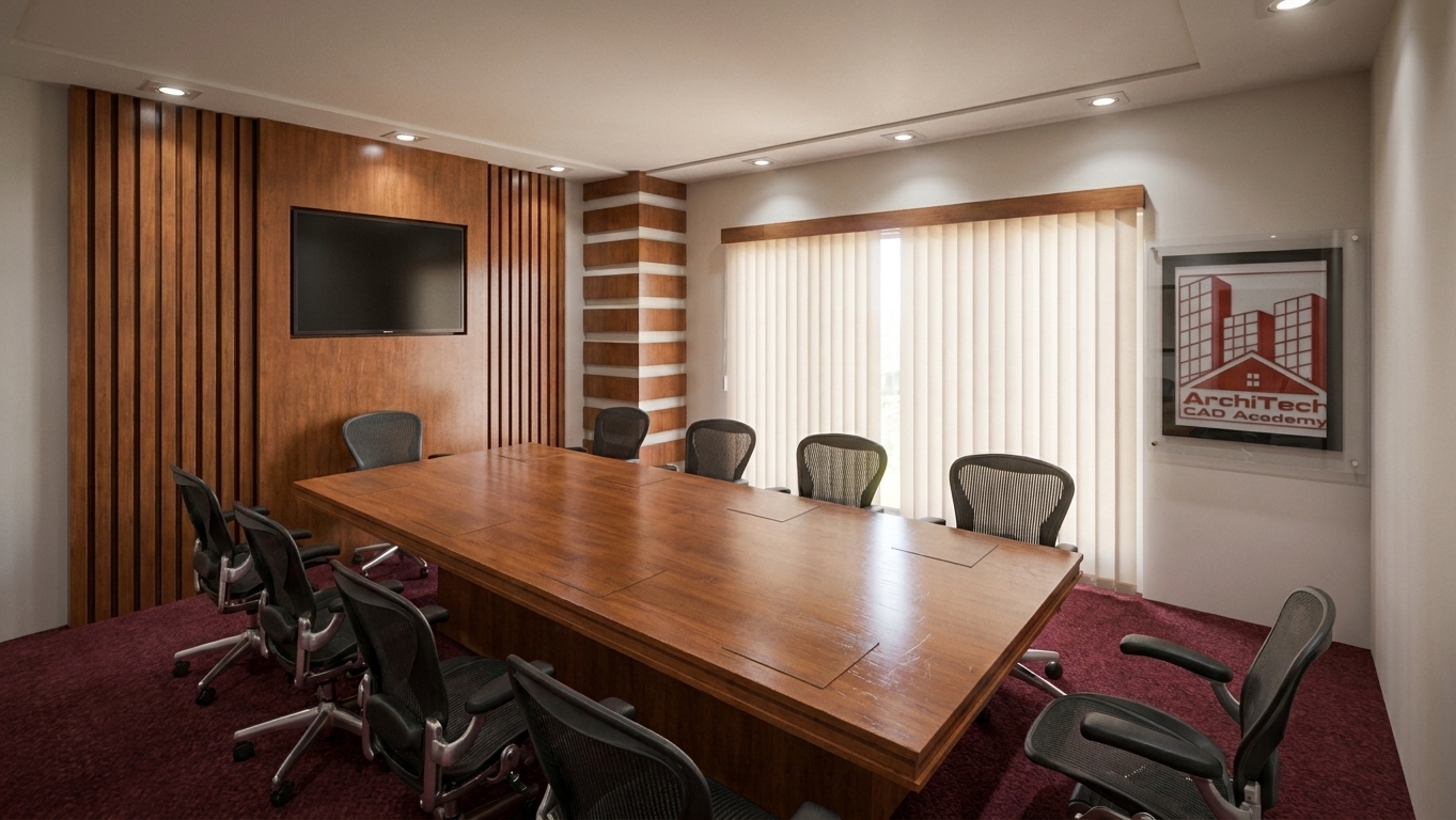 A professional architectural photograph of a modern corporate conference room, capturing the exact structure and layout of the scene with rich, tactile realism. The large central conference table is crafted from polished cherry wood, its surface catching soft, diffuse reflections from the recessed ceiling spotlights and displaying a detailed, natural wood grain with subtle micro-scratches. Grouped around the table are high-end ergonomic mesh office chairs with matte black frames and brushed aluminum bases that rest on a deep maroon-red carpet, which features a subtle, realistic fabric texture and gentle pile variation. The accent wall on the left features warm vertical wood-slat panels framing a clean, matte black flat-screen television with faint, natural room reflections. To the right, soft daylight filters through semi-closed vertical blinds, creating a gentle gradient of light that blends with the warm tone of the interior spotlights. The framed artwork on the right wall is protected by glass, reflecting some of the room's soft ambient light. The scene is shot with a professional wide-angle lens, maintaining sharp focus throughout, with realistic light bloom around the fixtures, natural corner vignetting, and soft, physically accurate contact shadows that anchor the furniture to the floor.