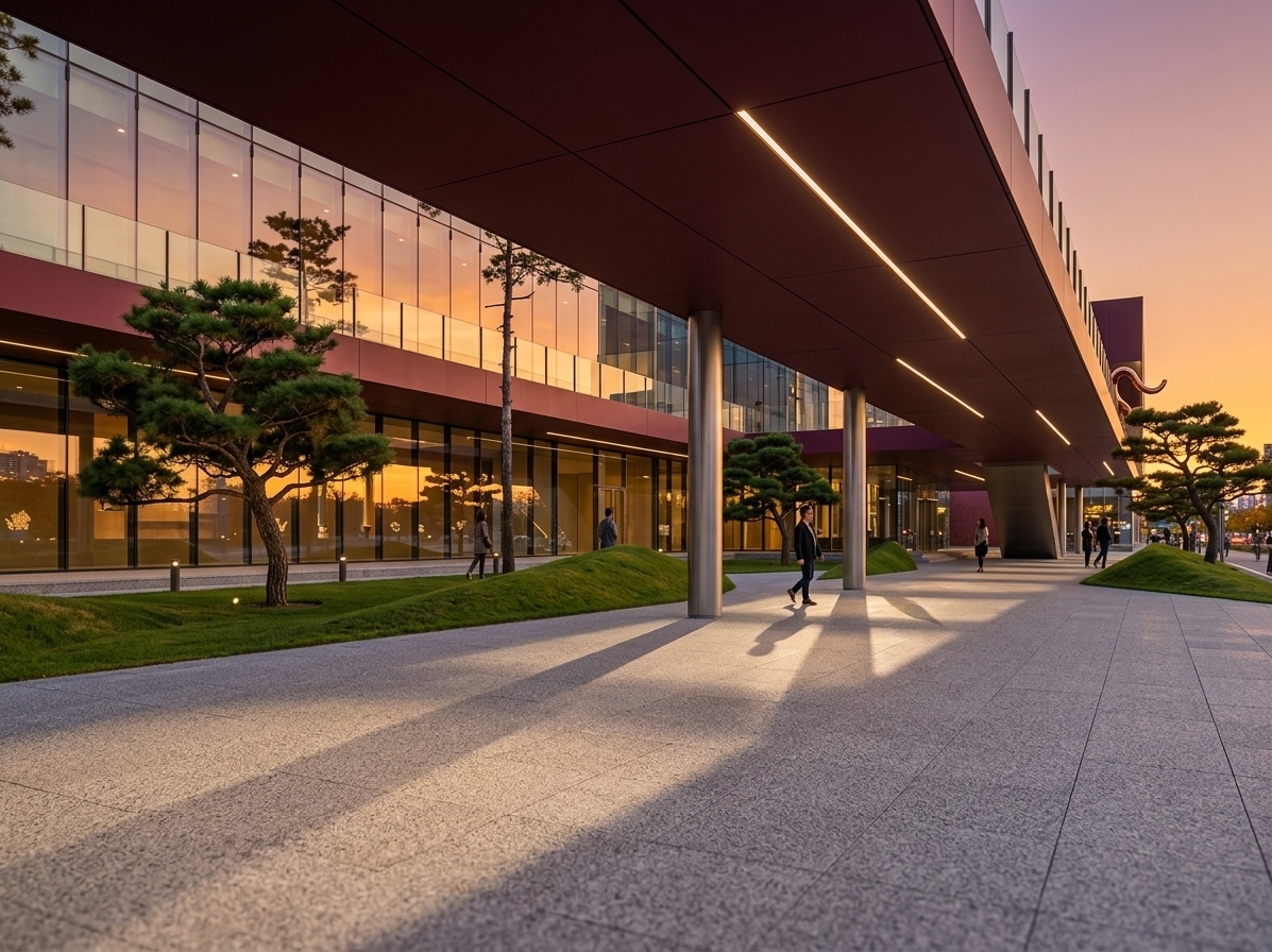 An incredibly lifelike, richly detailed, photorealistic wide-angle architectural shot of a retro-futuristic exhibition space's public plaza set in a sleek urban parkland during autumn. The scene is illuminated by the heavy golden-orange rays of a low autumn sunset, creating a warm, nostalgic, yet highly modern atmosphere. Captured with a professional tilt-shift lens, emphasizing the finely textured, light-grey granite aggregate pavement and the deep, matte-burgundy finish of the dramatic overhanging canopy. Sleek cylindrical metal columns slice through the space, casting long, sharp shadows across the plaza, while linear LED lights embedded in the ceiling begin to glow softly. To the left, a towering multi-story glass facade beautifully reflects the warm sunset sky and the sculptural form of manicured pine trees set on rolling green lawn berms, where modern pedestrians stroll leisurely through this beautifully rendered daylight transition.