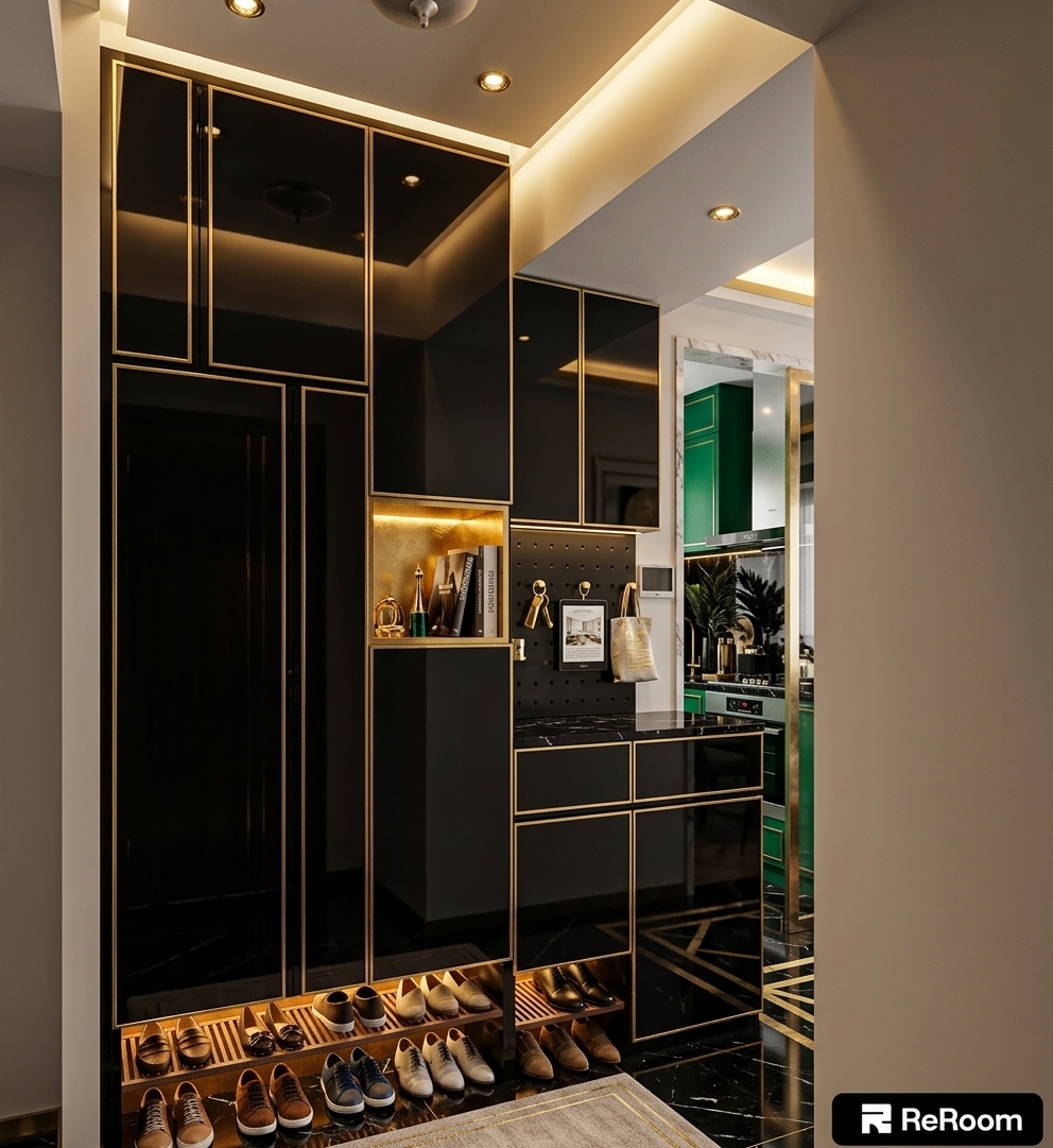 An incredibly lifelike, richly detailed, photorealistic interior photo of an opulent entryway set in a luxurious, modern apartment. The scene is illuminated by warm, integrated LED cove lighting and gilded ceiling spotlights, creating a glamorous and dramatic atmosphere. Captured with a professional 35mm lens, emphasizing the high-gloss lacquer, reflective gold detailing, and deep jewel-toned marble textures, this space exudes Art Deco glamour.

The minimalist wooden cabinets have been transformed into a symmetrical masterpiece of black lacquered doors highlighted by gilded gold trim and streamlined geometric lines. An open niche features a gold-leaf-finished backing, displaying a luxurious photography book alongside jewel-toned ornamental accessories. To the right, a sleek black pegboard wall with polished brass hooks provides a chic organizing space above a polished black marble countertop. Below, the shoe alcoves glow with warm under-cabinet lighting, casting rich shadows across the highly polished Nero Marquina marble floor with its inlaid geometric brass details. In the background, a glimpse into the kitchen reveals bold emerald-green cabinetry, high-end gold hardware, and lush dark indoor plants, completing a thoroughly extravagant, ultra-modern aesthetic.