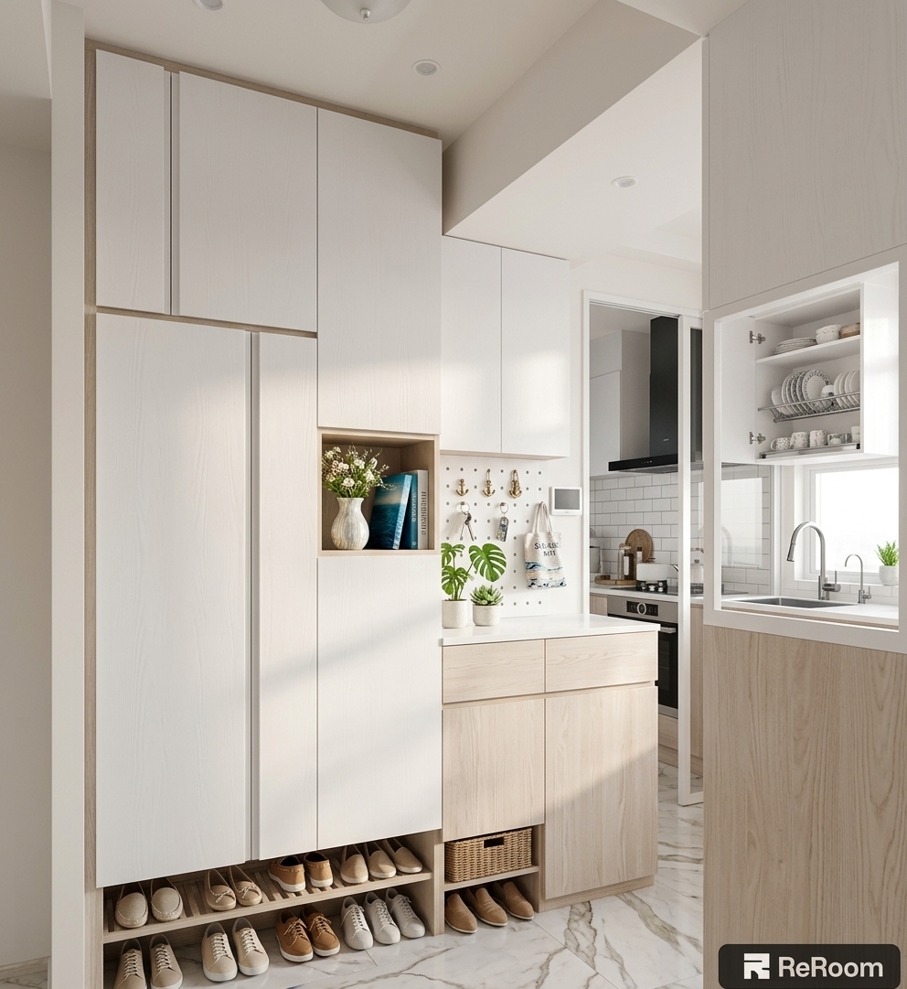 An incredibly lifelike, richly detailed, photorealistic medium shot of a coastal breeze-inspired entryway and clever gaming storage zone set in a bright seaside apartment. The scene is illuminated by soft, sun-kissed morning light filtering through an unseen window, creating an airy, light, and relaxed atmosphere. Captured with a professional 35mm architectural lens, emphasizing the crisp textures of whitewashed oak cabinetry, sandy-beige wood accents, and polished marble flooring with organic vein patterns. Reflecting a casual beachy elegance, the uncluttered surfaces feature a beautifully styled display alcove showcasing a coastal photography book and vibrant seascape wall art in shades of ocean blue. Woven wicker baskets are tucked neatly into the lower storage bays alongside casual slip-on shoes, while the pegboard section is decorated with subtle nautical details and keys. Fresh green potted plants add a vibrant touch of life to the composition, seamlessly bridging the bright, open hallway with the clean, modern kitchen visible in the background.