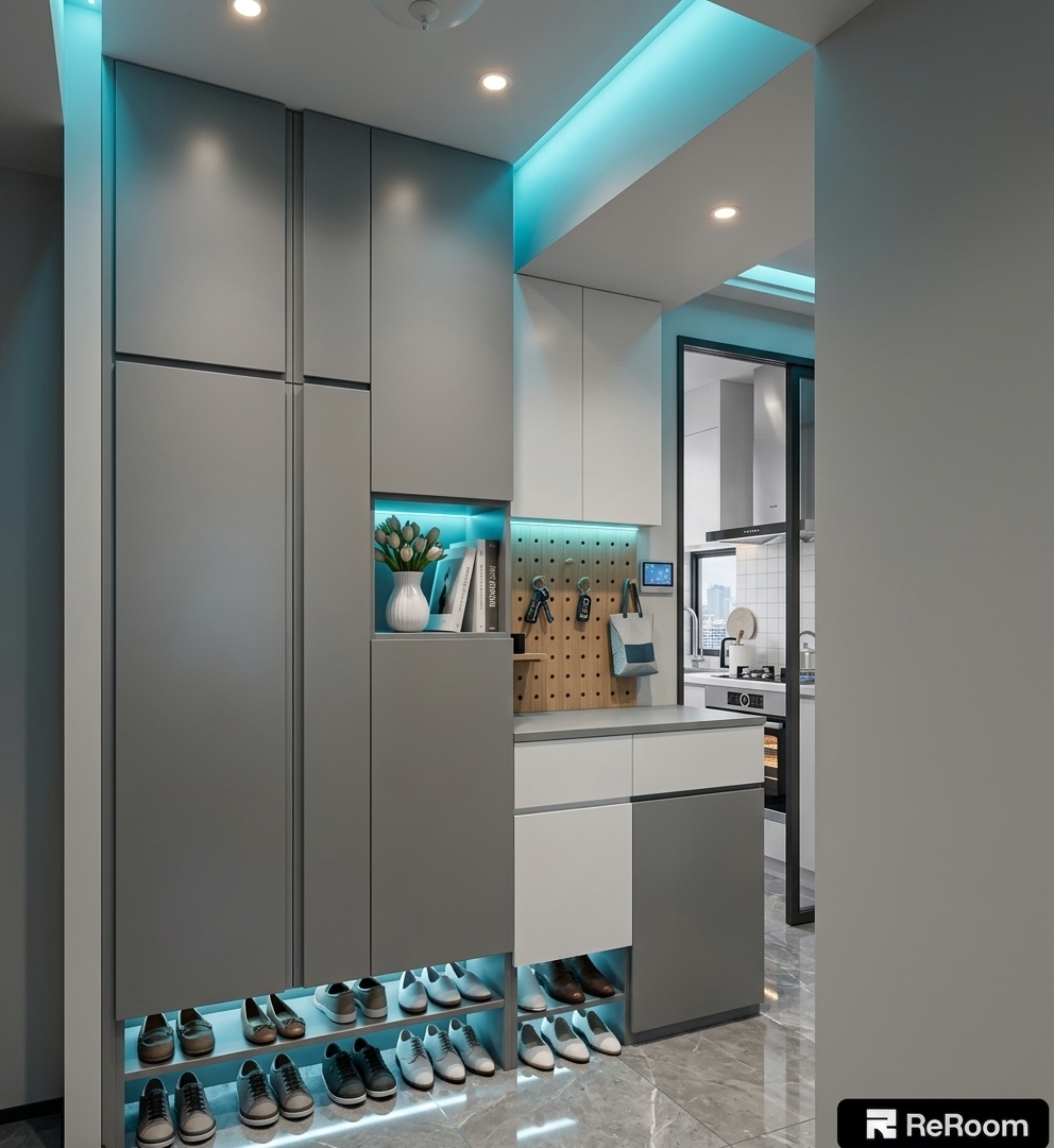 An incredibly lifelike, richly detailed, photorealistic eye-level medium shot of a futuristic digital zen entry vestibule set in a high-tech smart apartment. The scene is illuminated by a harmonic blend of soft, recessed warm-toned spotlights and vibrant cyan-blue neon accents running discretely along cabinet recesses, creating a tranquil yet cyber-inspired, moody atmosphere. Captured with a professional 35mm prime lens, emphasizing the ultra-smooth matte gray finishes, high-gloss marble floor reflections, and sleek glass details.

The centerpiece of this streamlined, clutter-free space is a bespoke full-height cabinetry unit finished in a sophisticated palette of cool grays and crisp modern whites. An illuminated inset shelf serves as a futuristic sanctuary, displaying a minimalist photography book alongside a sleek white ceramic vase cradling a tranquil indoor plant setup. Beside it, a wooden pegboard insert adds a touch of organic texture, holding cyberpunk keys and a smart tote bag over a polished gray stone countertop. Beneath the cabinets, a double-tiered floating shoe bay is bathed in soft, linear under-cabinet lighting that casts clean shadows across the polished gray marble flooring. Through the rear glass sliding doors, a glimpse of an ultra-modern, white-tiled smart kitchen reinforces the home’s seamless, innovative, and deeply serene design.