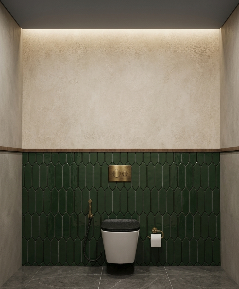 A straight-on architectural photograph of a minimalist bathroom alcove under soft, warm overhead lighting. The composition features a central, wall-mounted white ceramic toilet with a dark cover, set against a rich forest green picket-tiled wall with realistic gloss and subtle grout textures. Above the wooden trim, the upper wall is finished in a textured, off-white plaster that catches the warm light. Brushed brass hardware, including the dual-flush plate, a bidet sprayer with its black hose, and the toilet paper holder, display realistic metallic sheens with soft reflections. The side walls and floor tiles are rendered in a matte, neutral beige, with subtle ambient shadows, realistic material physics, and a gentle photographic grain that enhances the natural realism of the shot.