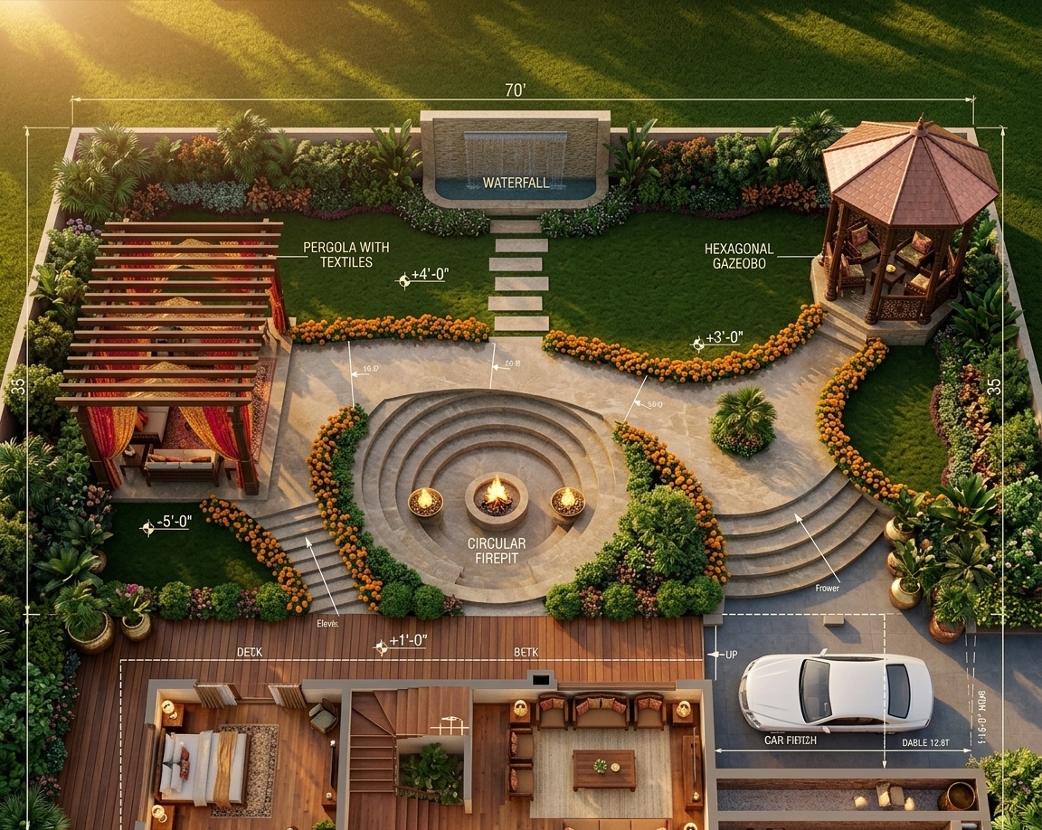 An incredibly lifelike, richly detailed, photorealistic elevated wide-angle shot of a lush outdoor garden set in a luxurious, private estate designed with vibrant Indian exuberance. The scene is illuminated by the warm, golden glow of a late afternoon sun, creating a spiritual and opulent atmosphere. Captured with a professional medium-format camera and a sharp wide lens, emphasizing the rich textures of hand-carved teakwood, polished brass accents, and a winding natural stone pathway, the layout reveals a meticulously segmented sanctuary. To the left, a grand wooden pergola draped with intricate Indian textile art in rich shades of ruby red, saffron orange, and shimmering gold casts patterned shadows over comfortable lounge seating. Curving stone steps descend into a central, intimate circular bonfire pit area flanked by brass-adorned fire bowls, while a serene stone waterfall trickles gracefully at the far end of the garden. On the right, an ornate hexagonal gazebo sits raised above the verdant landscape, housing hand-carved wooden chairs with plush embroidered cushions. Exotic indoor-style potted plants, vibrant orange marigolds, and lush green shrubs border the entire multi-tiered design, seamlessly integrating with the adjacent polished timber deck of the home to create a cohesive, breathtakingly colorful, and richly textured outdoor masterpiece.