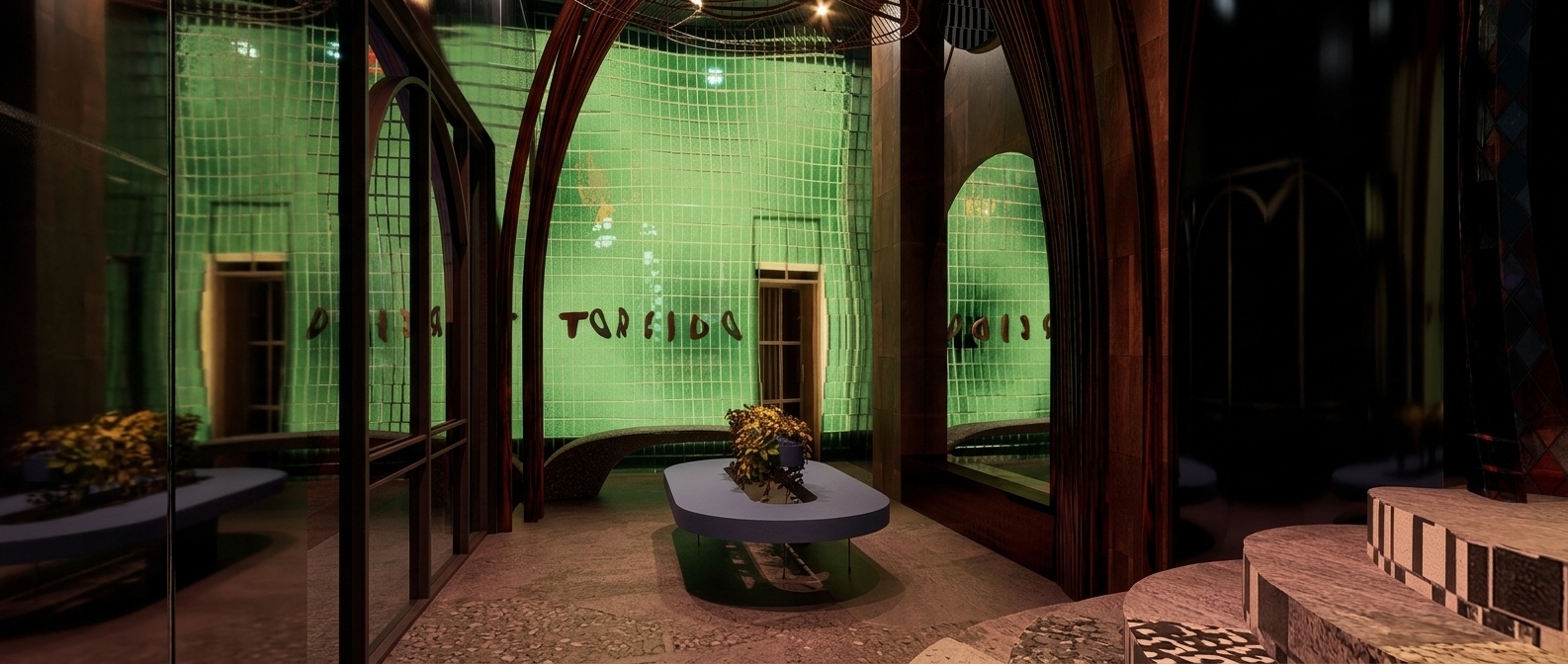 A photorealistic, moody photograph of a luxury restaurant reception area, maintaining the exact layout, geometry, and composition of the scene. The curved feature wall is composed of glossy, handmade green ceramic tiles with subtle surface warps, irregular glazes, and thin grout lines that beautifully catch warm, ambient spots from accent lighting. The word TORCIDO is rendered in textured, matte dark-wood dimensional lettering mounted on the tiles. The central minimalist blue island has a soft, non-reflective micro-cement finish, holding lifelike, textured green and yellow botanical foliage that cascades gently. The dark wood pillars and structural arches exhibit deep, natural grain with a satin finish, while the highly reflective dark panels on the right show realistic, slightly dusty mirrored reflections of the space. The floor is a matte, slightly worn poured concrete with realistic micro-textures and faint scuffs. Shot with a professional DSLR camera and a wide-angle lens, the scene features soft, warm, atmospheric evening lighting, a shallow depth of field, a delicate touch of lens vignette, and subtle film grain to create an inviting, sophisticated, and authentic dining atmosphere.