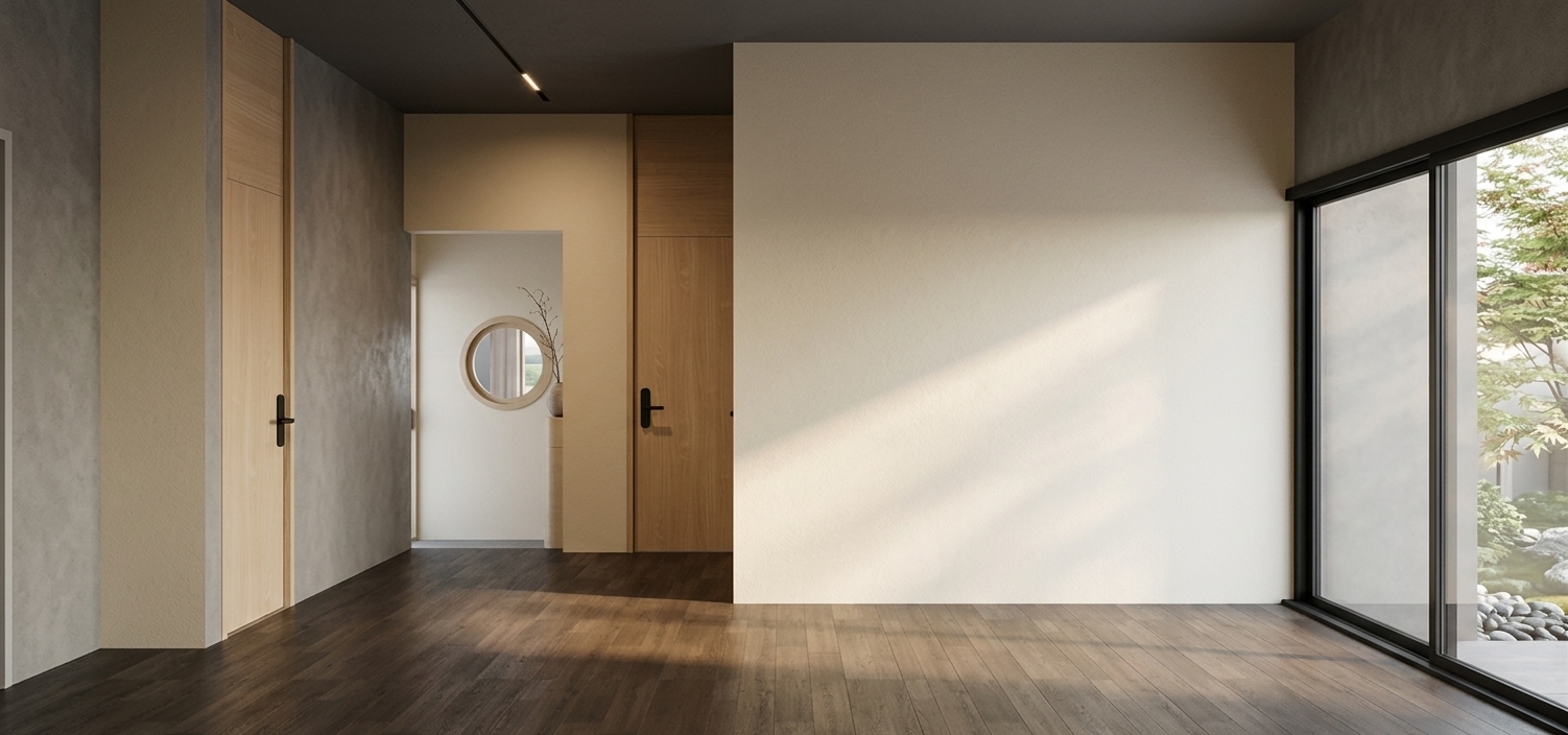 A photorealistic interior photograph capturing a warm Japandi-style hallway, maintaining the exact layout, geometry, camera angle, and composition of the reference image. The prominent partition wall and the back far wall are finished in a tactile, soft off-white lime-wash plaster that gently diffuses the incoming light, while the walls on the left feature a warm, matte clay-grey plaster texture. The floor is made of dark oak wood planks with a natural matte finish, showing realistic grain patterns and subtle micro-scratches. The doors are crafted from a light, natural ash wood with an elegant vertical grain, fitted with sleek matte-black metal handles that catch soft specular highlights. Soft, natural morning light pours in from the large sliding doors on the right, which are framed in matte black metal and feature realistic reflections on the double-glazed glass pane. The circular window on the distant door has a light wood trim, showing a hint of the room beyond through clear glass. The entire scene is photographed with a professional camera using a wide-angle lens, characterized by soft natural shadows, gentle focus falloff in the corners, and a serene, minimalist atmosphere that perfectly balances Scandinavian comfort with Japanese warmth.