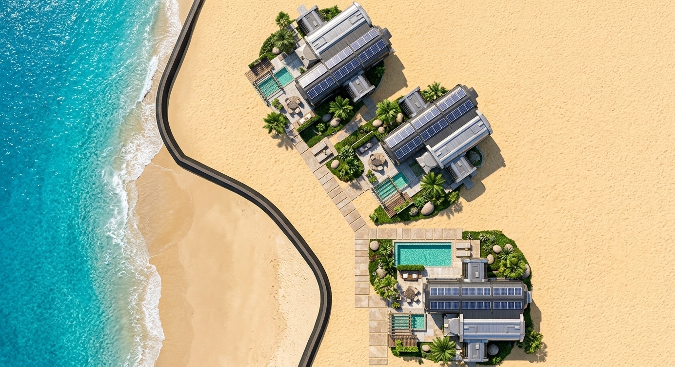 An incredibly lifelike, richly detailed, photorealistic top-down aerial shot of three modular, retro-futuristic space-shaped villas set in a pristine coastal beach environment. The scene is illuminated by bright, direct midday sunlight, creating a high-tech and serene coastal atmosphere. Captured with a high-altitude drone camera with a sharp, high-resolution wide-angle lens, emphasizing the metallic textures of the architecture, the glinting solar panel grids lining the dark villa roofs, and the fine grains of the expansive golden sand bordering a vibrant blue sea. Each retro-futuristic villa features integrated green pocket gardens filled with manicured shrubs, smooth beach stones, and tropical trees, positioned alongside private outdoor pool areas with shimmering clear turquoise water. Sleek, stone-paved walkways and geometric patios elegantly connect the living spaces, blending clean-cut urban architectural design with a wild, tranquil shore.