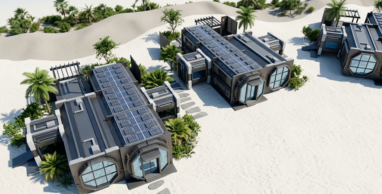 An incredibly lifelike, richly detailed, photorealistic high-angle architectural photo of futuristic, space-age modular beach villas set in a pristine tropical coastal environment. The scene is illuminated by bright, direct midday sunlight, creating a vibrant, high-contrast, techno-wonderland atmosphere. Captured with a professional medium-format camera and a wide-angle lens, emphasizing the sharp, matte-charcoal metallic panels, glistening solar arrays, and the textural contrast between soft white beach sand and lush tropical foliage.

Each villa boasts a sleek, sci-fi modular design built with heavy industrial composite materials in tones of deep charcoal and gray, featuring geometric octagonal windows that reflect the azure sky. The roofs are integrated with high-efficiency dark solar panel grids, generating clean energy for this modern oasis. Pockets of landscaping featuring smooth gray stone paths, resilient green beach shrubs, and towering tropical palm trees border the structures. Behind the main modules, a private, inviting outdoor pool area shimmers with crystalline turquoise water nestled under a modern white pergola, seamlessly blending cutting-edge aerospace-grade architecture with a serene beachside retreat.