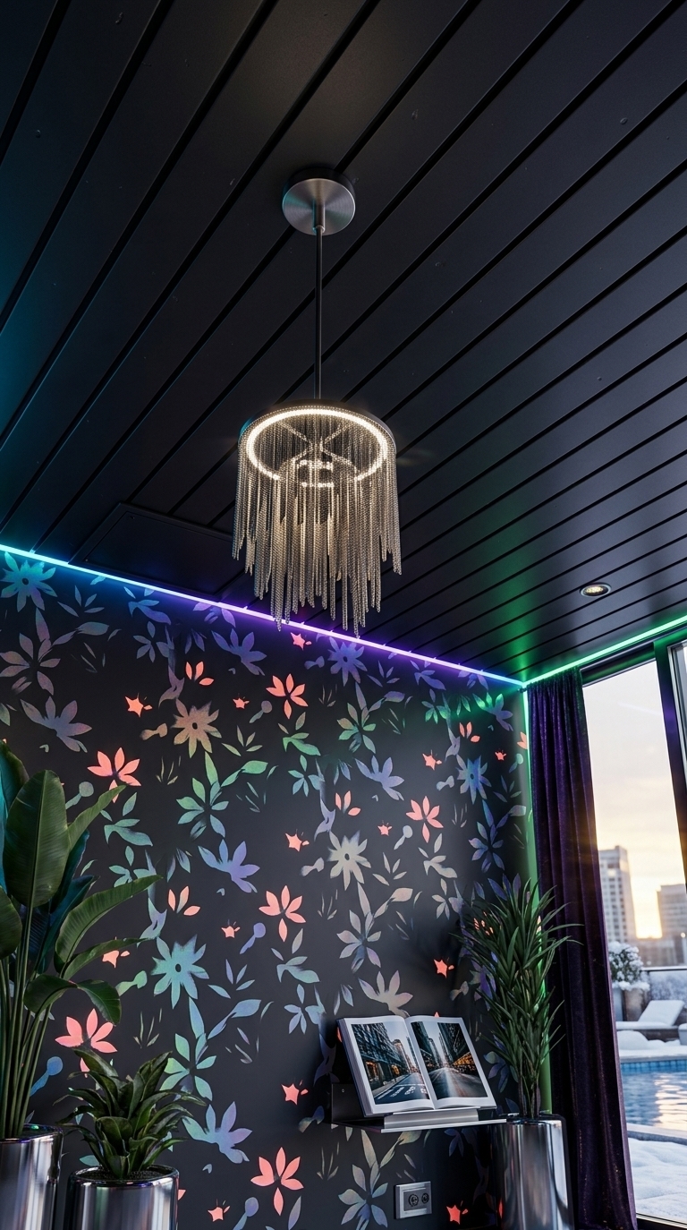 An incredibly lifelike, richly detailed, photorealistic wide-angle interior photo of a cyber eclectic fusion lounge set in a high-tech penthouse during a winter sunset. The scene is illuminated by the fading golden rays of the cold sunset filtering through expansive floor-to-ceiling windows and the vibrant glow of neon blues, deep purples, and electric greens tracing the edges of the room, creating a moody, tech-inspired, yet cozy atmosphere. Captured with a 24mm f/2.8 anamorphic lens, emphasizing the rich contrast between industrial grunge concrete walls, brushed titanium finishes, and glossy mixed-media surfaces. Through the glass, a luxurious, snow-dusted outdoor pool area reflects the twilight sky, contrasting beautifully with the warm, high-tech interior. Inside, the rustic paneled ceiling from the original space is elevated into dark, geometric matte-black grates where an advanced, orbital LED-accented metallic chandelier hangs in place of the old pendant. The outdated floral wallpaper has been replaced by a deep charcoal wall featuring an active, shifting holographic wall art display. Striking, industrial-style metal and LED-accented furniture are arranged harmoniously, including a low-profile cyber-lounge chair where a high-end photography book lies open, showcasing urban streetscapes. Pockets of lush, oversized indoor plants rise from futuristic chrome planters, softening the layered, urban tech-inspired decor with vibrant natural textures that ground the sleek, futuristic sanctuary.