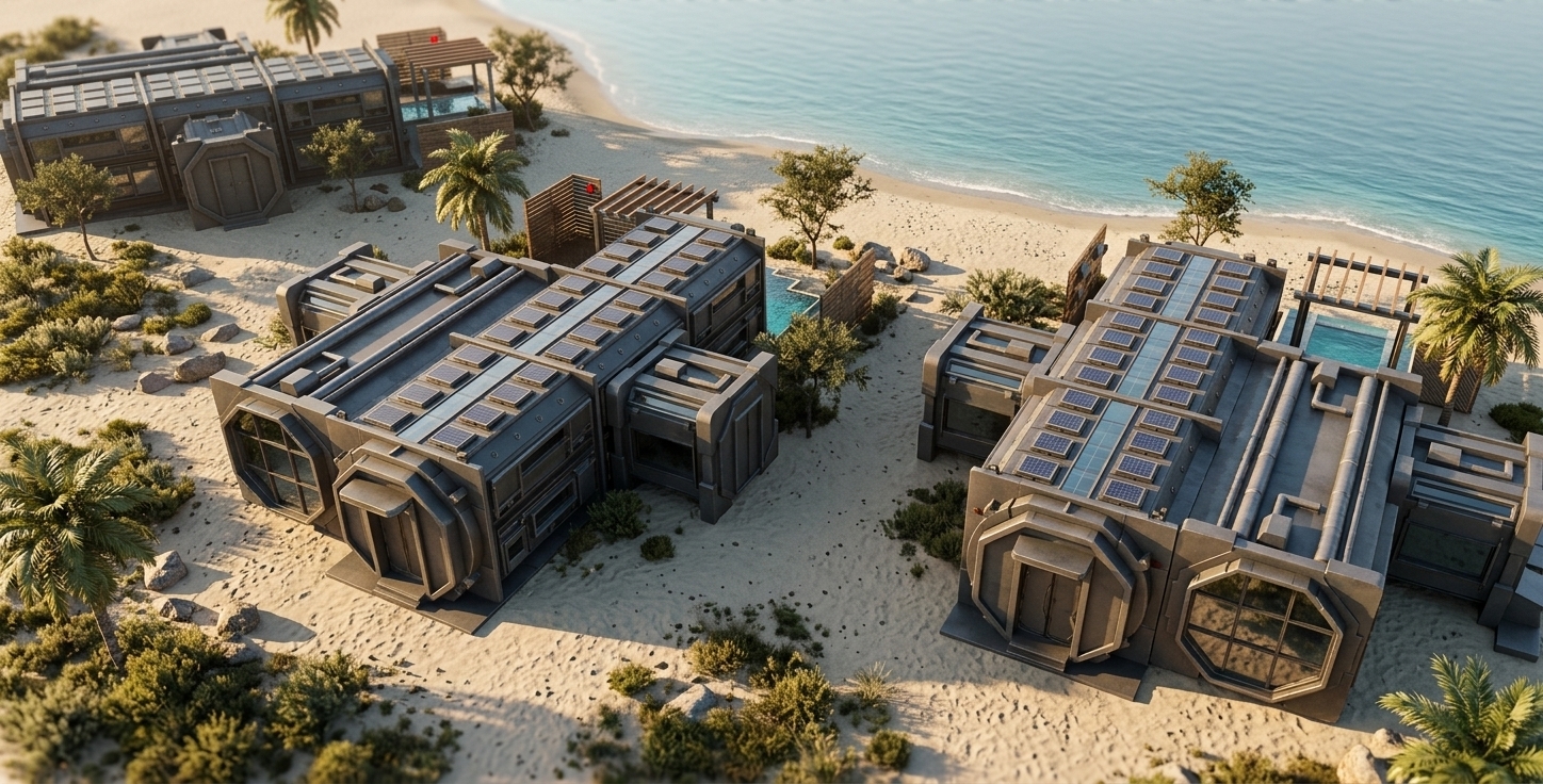 An incredibly lifelike, richly detailed, photorealistic high-angle aerial architectural photograph of a cluster of futuristic, modular beachfront villas set in a serene Mediterranean coastal environment. The scene is illuminated by the warm, golden light of a late afternoon sun, creating a luxurious and serene atmosphere. Captured with a professional tilt-shift lens, emphasizing the matte, dark-grey composite metals of the structures against the glistening turquoise waters of the private plunge pools, the scene brilliantly merges natural beauty with advanced design. 

This futuristic Mediterranean retreat features ultra-modern villas nestled along a fine-sand beach, tastefully punctuated by lush palm trees, scattered beach stones, and hardy coastal shrubs. Each villa boasts its own private outdoor pool area with a sparkling plunge pool shaded by a sleek timber pergola. The rugged, sci-fi modular architecture, with its prominent octagonal windows and metallic framing, beautifully contrasts with the soft organic textures of the surrounding beach greenery and the calm, expansive sea lapping gently at the shore.