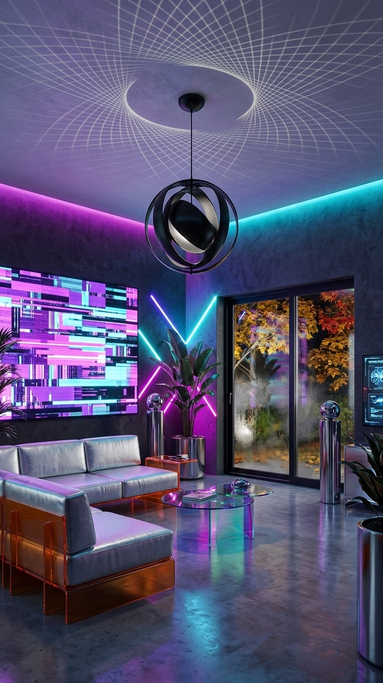 An incredibly lifelike, richly detailed, photorealistic wide-angle interior photo of a techno wonderland pavilion set in a sleek, architectural smart home during a crisp autumn night. The scene is illuminated by a dynamic spectrum of vibrant neons—electric violet, hot magenta, and cyber cyan—layered over warm amber accents, creating a playful, surreal, and deeply immersive atmosphere. Captured with a medium format camera and a 24mm prime lens, emphasizing the shifting gradients of the iridescent surfaces, the crisp metallic edges, and the complex textures of the holographic decor.

### Space & Composition
This reimagined room transforms the quiet corner of the original photo into a high-octane, tech-forward living lounge. The simple ceiling suspended light from the original image is upgraded to a sculptural focal point: an intricate, matte-black carbon fiber orbital pendant that projects swirling, algorithmic wireframe light patterns across the ceiling. Below this centerpiece, the layout embraces a fluid, low-profile composition. A modular sofa system made of silver-metallic technical fabric and vibrant orange translucent acrylic supports winds through the space, offering a striking contrast to the polished concrete floor that reflects the room's electric glow like a digital lake.

### Materials & Futuristic Textures
A sensory playground of eclectic surfaces defines this interior. The single-colored wall from the source image is elevated into a textured, dark micro-cement backdrop, serving as the canvas for a massive, multi-paneled glitch art installation. This digital wall art integrates embedded LED strips that softly pulse with neon hues, mimicking a dynamic data stream. Nearby, a coffee table crafted from dichroic glass shifts colors ranging from deep emerald to liquid copper depending on the viewer’s angle. 

Plastics and metals are used with artistic intent. Polished chrome structural pillars frame the room, while modular, molded-polycarbonate lounge chairs in hot pink add a whimsical, futuristic touch. Softening these hard, high-tech surfaces are oversized, plush rugs with digital pixel patterns, providing a tactile, grounding warmth to the floor.

### Lighting & Atmospheric Synthesis
The lighting scheme is completely revolutionary. Eschewing standard domestic warmth, the space relies on layers of programmable smart LED strips hidden within architectural coves, casting a moody, night-club inspired bioluminescent wash. This artificial brilliance contrasts beautifully with the external autumn night. 

To the right, a massive floor-to-ceiling panoramic glass door replaces the original window. Looking outside, the viewer is treated to a stunning juxtaposition: the home’s sharp, minimalist steel exterior is nestled among towering maple trees shedding golden and deep red autumn leaves. Droplets of condensation and light autumn mist cling to the glass, refracting the interior's magenta and cyan light into glittering streaks, bridging the gap between the synthetic indoor wonderland and the cozy, melancholic seasonal night outside.

### Decorative Accents & Human Scale
Strewn throughout the space are techno-inspired decorative objects, including chrome-finished art toys, retro-futuristic synthesizer modules on display shelves, and virtual reality headsets resting on sleek charging docks. Bringing life to this digital sanctuary are towering exotic indoor plants, such as Variegated Monstera and neon-veined Caladiums. Housed in self-watering metallic planters, their organic, sweeping fronds break up the geometric precision of the room, adding a vital touch of nature.

The scale of the room remains highly functional and human-centric despite its futuristic themes. The low-slung, modular furniture encourages relaxed, informal social interaction, ensuring that this cutting-edge techno wonderland feels less like a cold gallery and more like a vibrant, welcoming, and deeply creative digital sanctuary for the modern era.