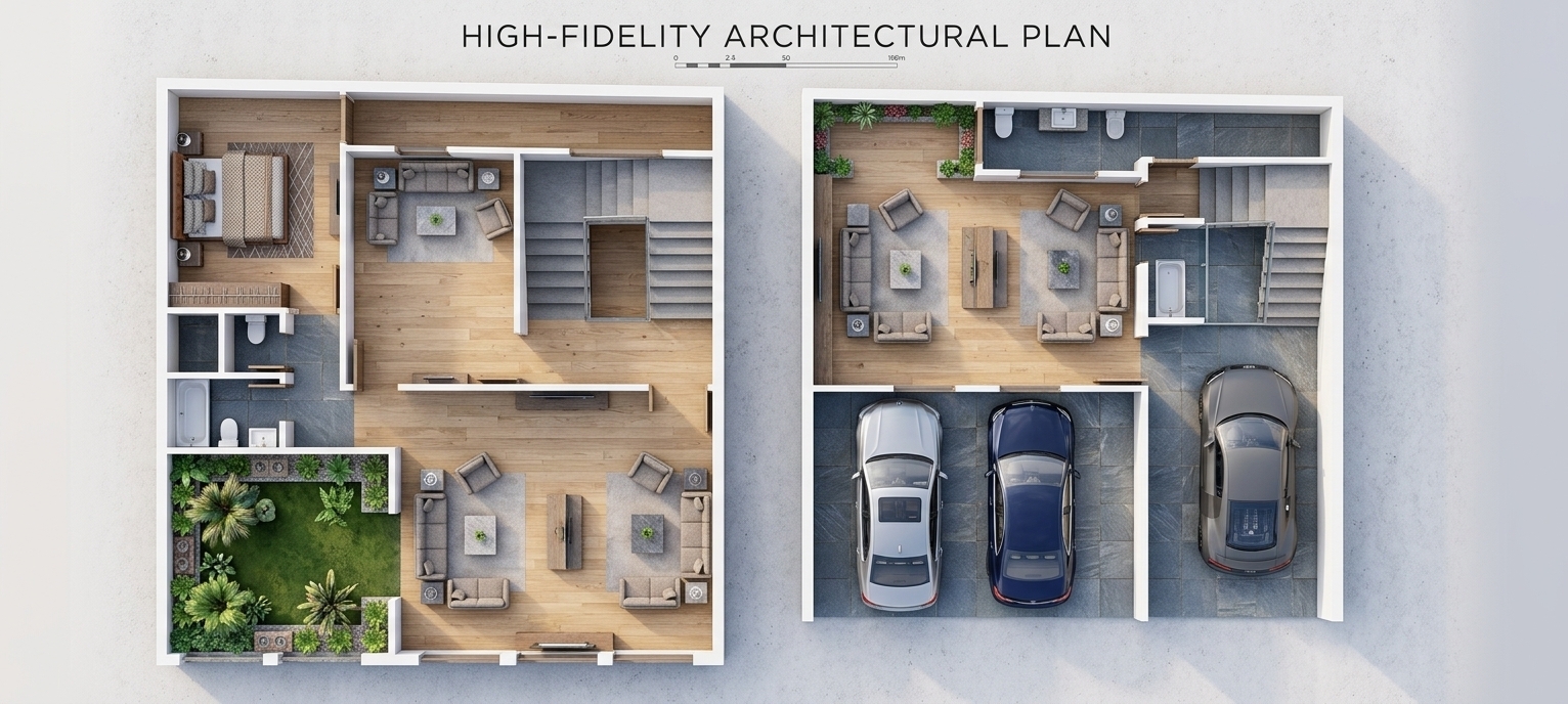 A beautiful, high-end 3D orthographic modern floor plan visualization, photographed from a direct top-down perspective that matches the layout of the original schematic. The walls are extruded upward with a clean, smooth white plaster finish. The floors feature a mix of warm light-oak wood planks in the living spaces, large-format grey slate tiles in the bathrooms, and polished concrete in the garage. The furniture is meticulously detailed, showcasing contemporary design with soft beige fabric sofas, minimalist coffee tables, and textured area rugs in the seating zones. The garden areas are lush with manicured green grass, detailed soil textures, and vibrant leafy plants in neat stone borders. In the garage, realistic modern luxury cars with sleek metallic finishes—one silver, one deep navy blue, and one charcoal—show faint reflections from soft overhead LED strip lighting on their glossy paint. Soft, natural daylight from a neutral sky diffuses across the entire plan, casting gentle, realistic shadows that give depth and dimension to the furniture, walls, and fixtures, creating a clean, professional architectural presentation with realistic material physics and tactile micro-textures.