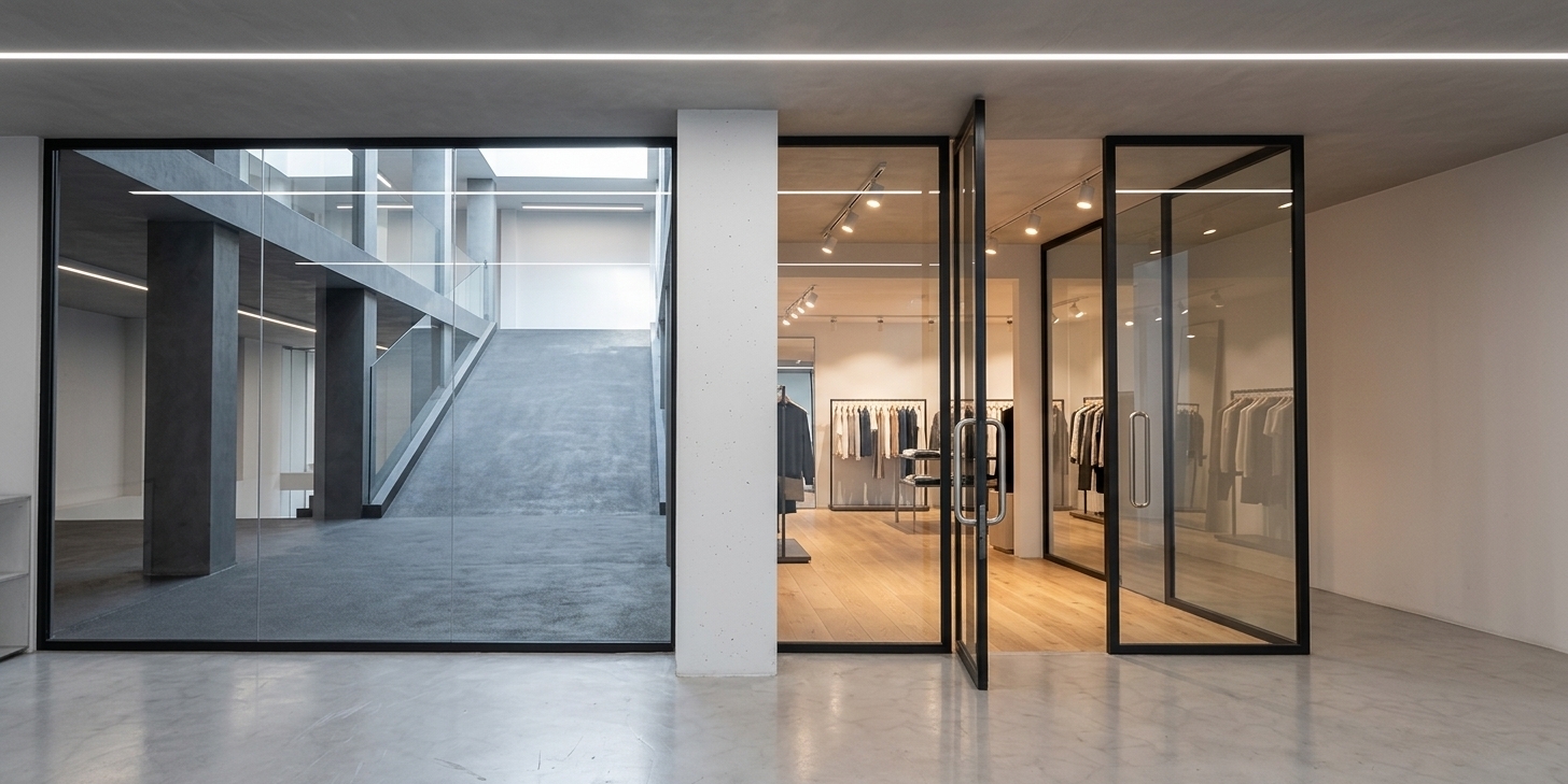 An architectural photograph of a modern commercial interior, maintaining the exact perspective and layout of the scene, highlighting a clean view of an indoor concrete ramp behind a large glass partition and an adjacent minimalist retail clothing store. The photo is captured with a high-end tilt-shift lens to keep the verticals perfectly straight and the entire scene in sharp focus. Soft, cool natural daylight washes down the dark gray non-slip concrete ramp on the left from an unseen source above, while the retail store on the right glows with warm, inviting high-CRI spotlighting that highlights its light oak wood-plank floorboards. The foreground floor is a polished, light gray micro-cement with subtle, realistic imperfections, faint scuffs, and soft reflections of the overhead lights. The central column and surrounding walls are finished in smooth, matte-white drywall with delicate shadowed corners. The glass partitions and doors have thin, matte black powder-coated steel frames, featuring highly realistic glass physics with faint, soft reflections of the interior space and subtle lens flares, creating a sophisticated and clean atmosphere.