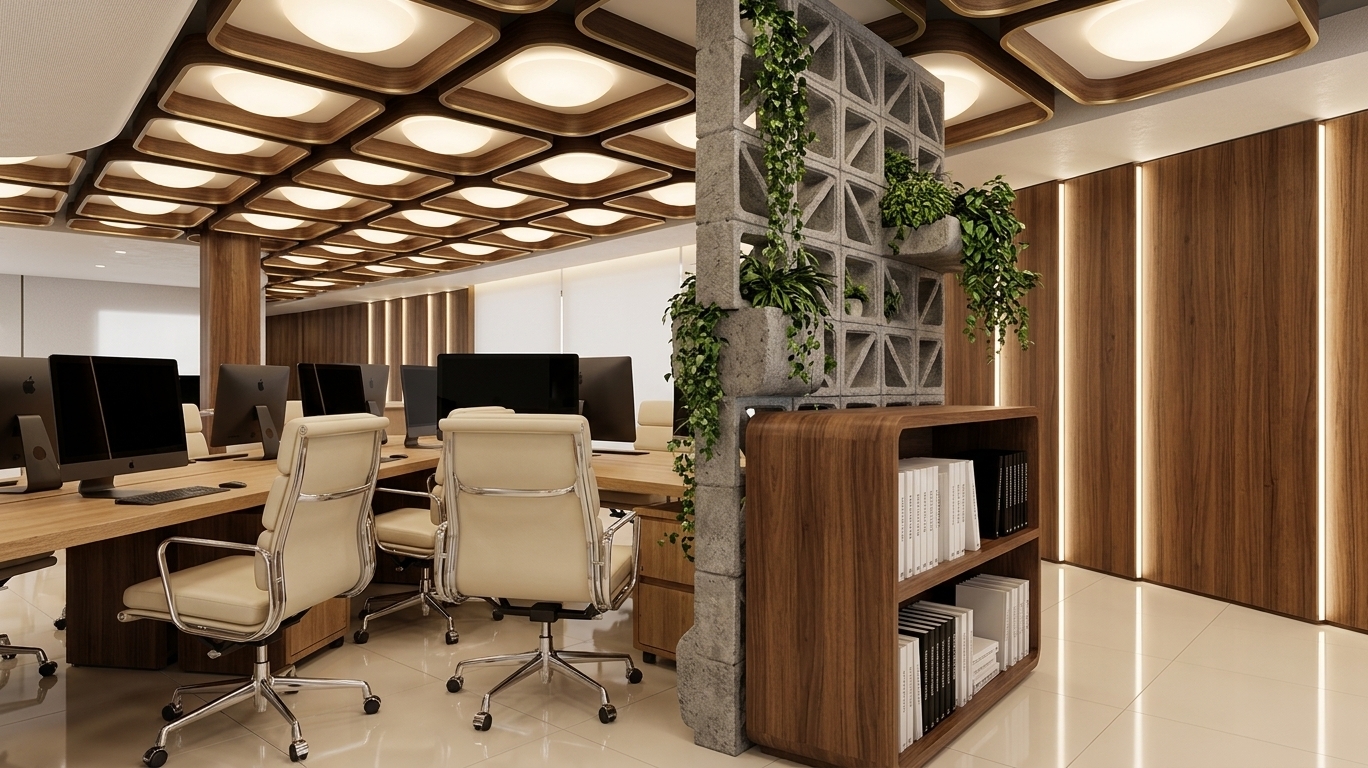 An incredibly lifelike, richly detailed, photorealistic eye-level medium-wide shot of a sleek coworking space set in a modern designer office. The scene is illuminated by layered architectural lighting featuring warm, recessed circular dome lights embedded in a custom retro-futuristic ceiling, creating a warm, comforting, and highly sophisticated atmosphere. Captured with a high-end architectural lens, emphasizing the rich walnut veneers, polished chrome accents, and the bold geometric patterns of the ceiling.

Suspended overhead is a striking retro-futuristic ceiling design, moving away from a flat light sheet to feature an intricate grid of modular, recessed rounded-square coffers trimmed in matte dark walnut wood and subtle brushed brass edges. Inside each module, a soft, warm-glowing dome light panel radiates downward, evoking a nostalgic mid-century space-age aesthetic while providing beautifully diffused ambient illumination. 

Below, the workspace layout remains expertly organized. Cream-colored leather ergonomic executive chairs with gleaming chrome frames are pulled up to long, natural oak workstations lined with modern black-screen computers. An organic, textured grey concrete breezeblock screen rises as a divider, its hollow geometric blocks dotted with thriving green plants and cascading ivy. Running along the right wall are rich vertical wood panels highlighted by recessed vertical LED strips that cast soft, warm light down the corridor, reflecting off the pristine, polished cream porcelain floor tiles. 

In the foreground, a low-height walnut wood bookcase serves as an elegant spatial boundary, filled with structured rows of white and black books. The smooth floor tiles capture pristine, glassy reflections of the retro-futuristic coffered ceiling and the vertical light slits on the walls, adding incredible depth, spatial clarity, and a polished, professional atmosphere to this high-end architectural rendering.