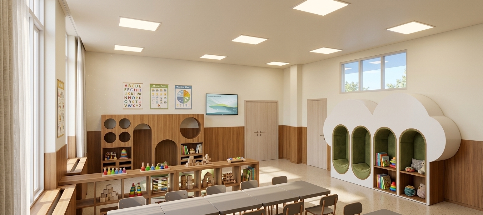 An incredibly lifelike, richly detailed, photorealistic wide-angle interior shot of a bespoke kids' kindergarten classroom and playroom set in a bright, modern learning center. The scene is illuminated by bright, sunny natural light streaming through large windows dressed in light, airy sheer curtains, creating a warm, cheerful, and serene atmosphere. Captured with a professional 24mm architectural lens, emphasizing the organic wood grains, soft matte textures, and clean geometry of the educational environment, the space features a light, speckled Tarkett-style linoleum floor that subtly reflects the ambient daylight. Warm teak wood wall panels clad the lower walls up to a precise height of 1220 mm, while the wall surface above and the flat ceiling are finished in a smooth, solid RAL 1015 light ivory paint. Two flush-mounted doors crafted from elegant bleached oak wood blend seamlessly into the structure. Functioning as both structure and play, a custom-built teak wood playhouse and partition system stands on the left, complete with playful geometric cutouts and integrated low study desks with gray chairs. On the right, a striking, large modular storage unit mimicking fluffy clouds features cozy, arched reading nooks lined with moss-green cushions and cubbies filled with colorful books and toys. The light ivory walls above are neatly accented with colorful educational posters, charts, and a sleek flat-panel display, emphasizing a tidy, engaging, and thoughtfully organized haven for early childhood development.