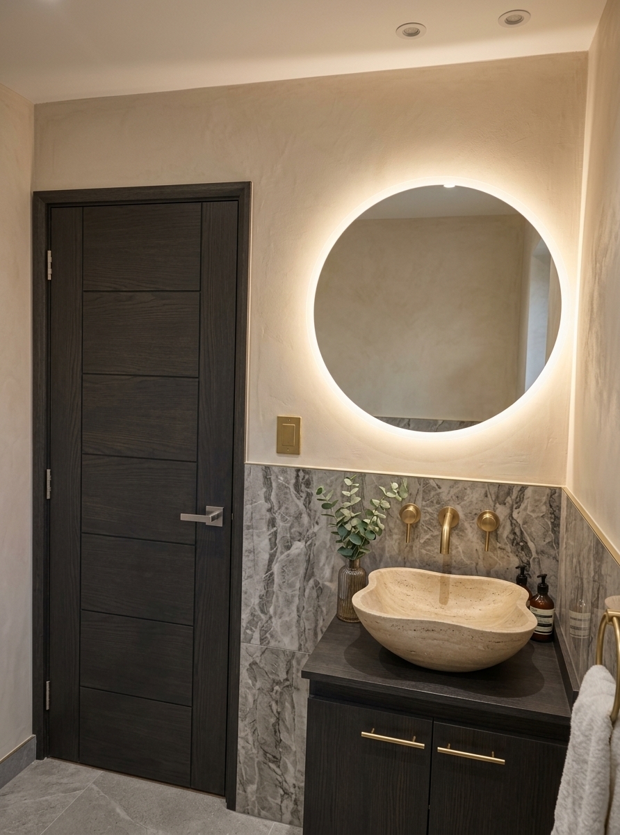 An incredibly lifelike, richly detailed, photorealistic medium shot of a luxurious hotel bathroom set in a boutique modern fusion suite. The scene is illuminated by the seamless, warm glow of an integrated backlit LED mirror and subtle recessed spotlights, creating an intimate, serene, and spa-like atmosphere. Captured with a 35mm lens, emphasizing the rich, organic textures of the polished marble wainscoting and the delicate brushed metal finishes...

This beautifully reimagined bathroom elevates the original space into a high-end sanctuary. The wall above the wainscoting features a soft, textured warm-ivory microcement finish, playing host to a magnificent, large circular mirror with a perimeter LED strip that casts a soft, halo-like glow across the wall. Replacing the original sink, a sculpted organic-shaped travertine vessel basin sits upon a custom-floating charcoal oak vanity with brass hardware. An elegant, wall-mounted brushed brass faucet emerges directly from the upgraded book-matched grey marble backsplash. To complete the premium hotel feel, a small ribbed glass vase with fresh eucalyptus and a set of amber glass soap dispensers sit on the vanity, balancing luxury with everyday functionality.
