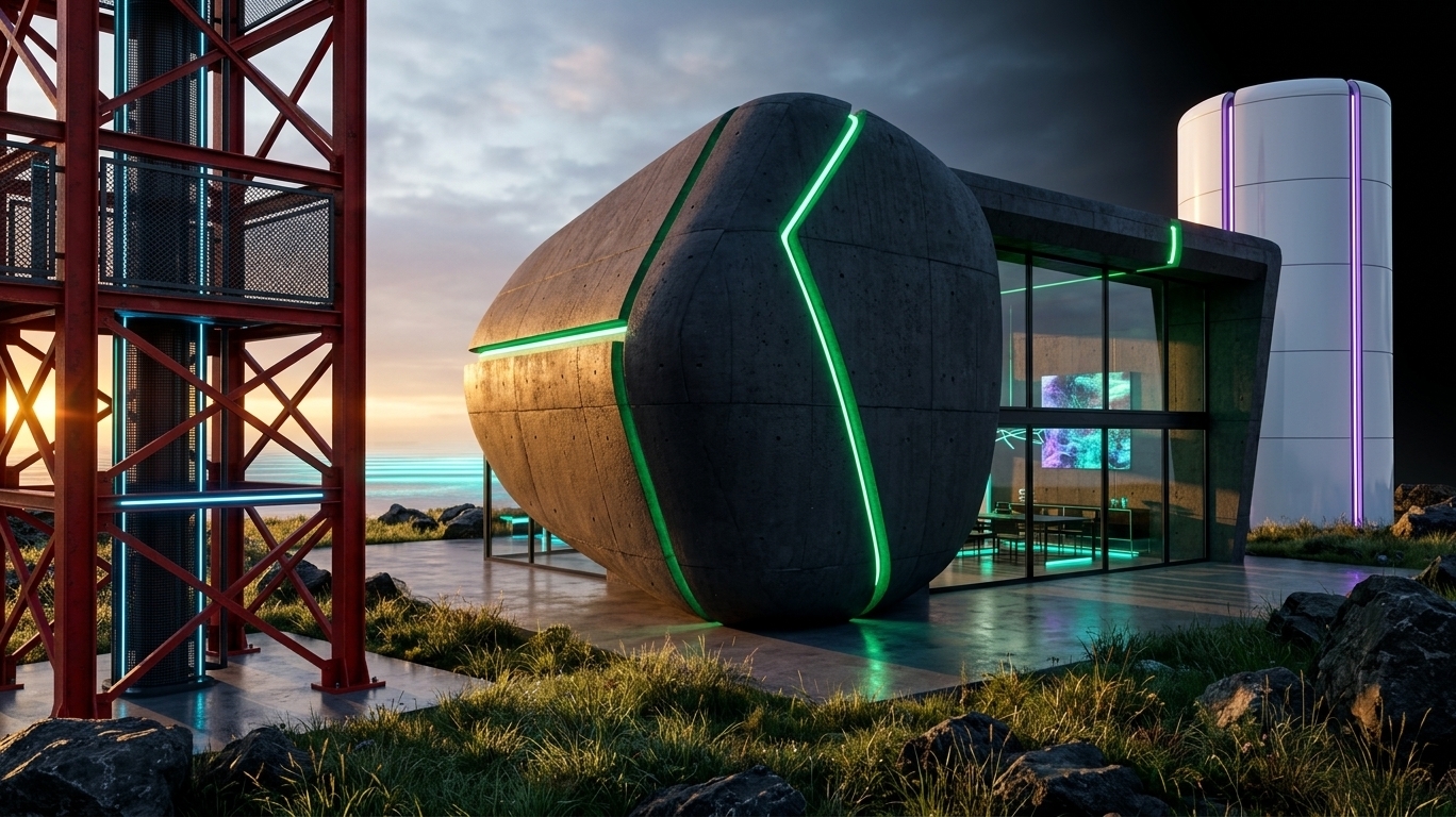 An incredibly lifelike, richly detailed, photorealistic wide-angle architectural shot of a futuristic cyber-eclectic residential compound set in a rugged, windswept coastal landscape of a Baltic island during a crisp spring sunrise. The scene is illuminated by the low, golden-orange sunlight clipping the horizon, which contrasts dramatically with the vibrant neon blues, purples, and emerald greens glowing from the building's integrated light ribbons, creating a moody, high-tech, and atmospheric scene. Captured with a professional medium-format camera and a 24mm tilt-shift lens, emphasizing the sharp, non-linear structural angles, raw concrete textures, and polished metallic surfaces.

The architecture is composed of three interconnected, strikingly diverse volumes inspired by historic maritime beacons, redesigned with an urban cyberpunk aesthetic. The central pavilion is a massive, brutalist concrete structure with thick, buttressed walls finished in a dark, matte graphite plaster, slashed diagonally with glowing green LED channels. To its left stands a bold, skeletal red industrial tower constructed from powder-coated structural steel and dark metal mesh grates, reflecting the early morning sky. To the right, a sleek, gleaming white composite cylinder rises into the air, its smooth, lustrous surface reflecting the neon purple light fixtures embedded along its vertical seams.

Through expansive double-height glass facades, the interior spaces are vividly visible. Multi-layered, mixed-media surfaces dominate the walls, decorated with shimmering holographic wall art that shifts colors as the light changes. Inside, minimalist black metal furniture featuring neon-accented LED underlighting sits on polished concrete floors. Rich, green indoor plants and cascading ferns drape from raw industrial steel pipes, introducing a vibrant, organic element to the tech-focused, cyber-grunge decor. Outside, the building integrates seamlessly into its spring environment: wild, dew-kissed grasses and dark basalt boulders surround the foundation, with the quiet sea in the background mirroring the futuristic glow of this architectural marvel.