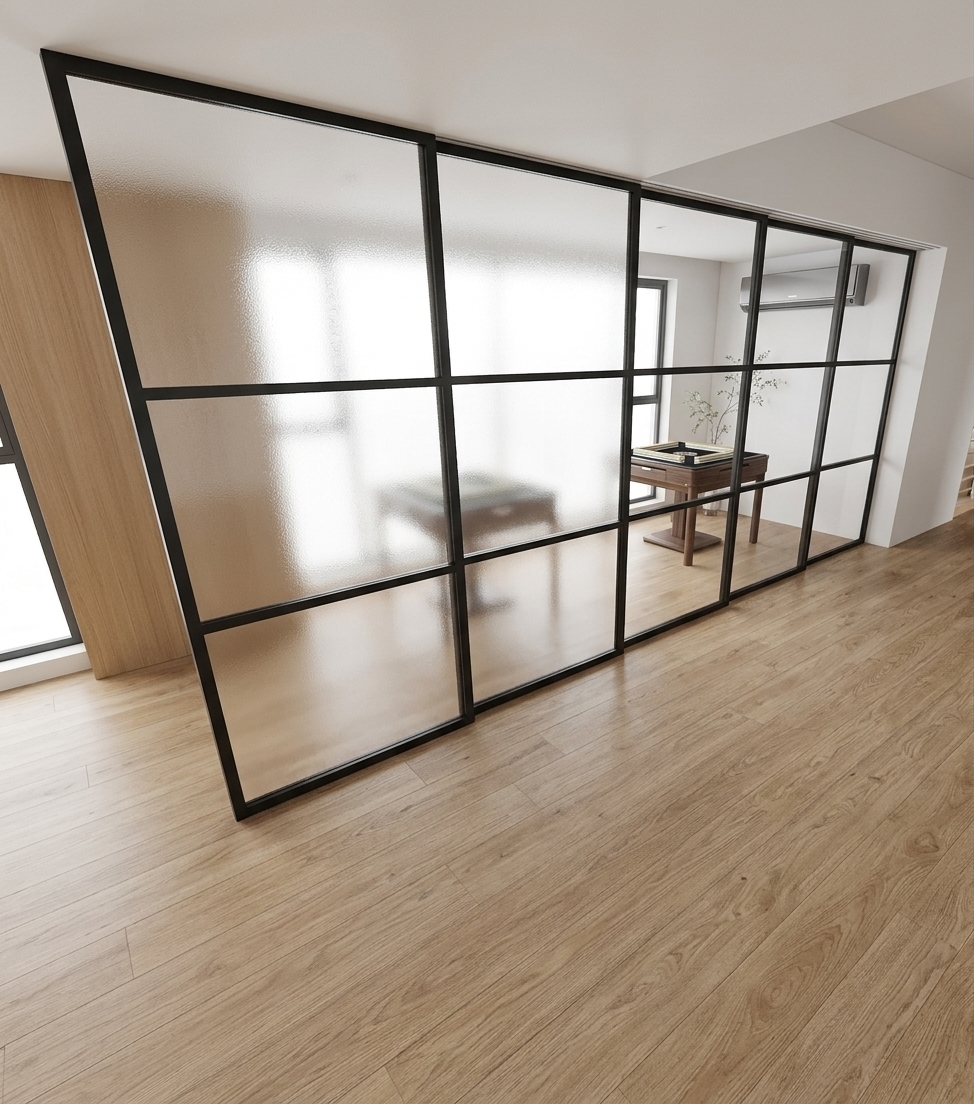An incredibly lifelike, richly detailed, photorealistic wide-angle interior shot of a sophisticated contemporary gaming room set in a modern minimalist residence. The scene is illuminated by an abundance of bright, natural daylight streaming from adjacent windows, creating a warm and airy atmosphere. Captured with a professional 24mm architectural lens, emphasizing the delicate stippled texture of the large sliding frosted glass panels, the matte finish of the black metal grids, and the realistic grain of the SPC wood flooring. 

The expansive floor is finished with high-quality SPC wood-plastic planks in a warm, light oak tone, adding natural texture to the clean, minimalist lines of the white walls. Featuring a smooth-sliding track system, the massive grid-patterned glass doors eleganty partition the room; through the semi-translucent panels, the silhouettes of a modern mahjong table and a sleek, wall-mounted air conditioner are softly visible inside. The composition captures the exquisite depth of the space, showcasing the interplay of soft, diffused light passing through the glass panes to imbue the room with a sense of quiet, contemporary elegance.