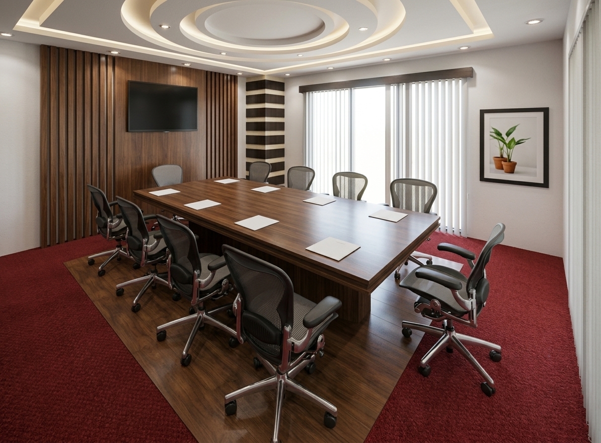An architectural photograph of a modern conference room, captured from a wide perspective with a professional tilt-shift lens to ensure perfectly straight vertical lines and crisp, edge-to-edge clariy. The central dark walnut-veneered conference table exhibits a satin-smooth finish, catching soft, diffuse reflections from the warm-white recessed LED spotlights arrayed in the circular ceiling design above. Ergonomic office chairs with textured black mesh backs and matte grey padded seats are positioned precisely around the table, showcasing realistic fabric weaves and subtle metallic sheen on their polished star bases. Diffuse daylight filters through the vertical fabric blinds of the large window in the background, contrasting with the warm internal lighting. This ambient mix highlights the rich texture of the deep red low-pile commercial carpeting and the polished hardwood floor insert beneath the table. The warm vertical-slatted wood paneling on the left wall and the sleek, dark glass of the wall-mounted television screen reflect the room's atmosphere with natural accuracy, while the clean plaster walls on the right and the subtle grain of the framed picture frame complete this realistic, beautifully lit corporate space.