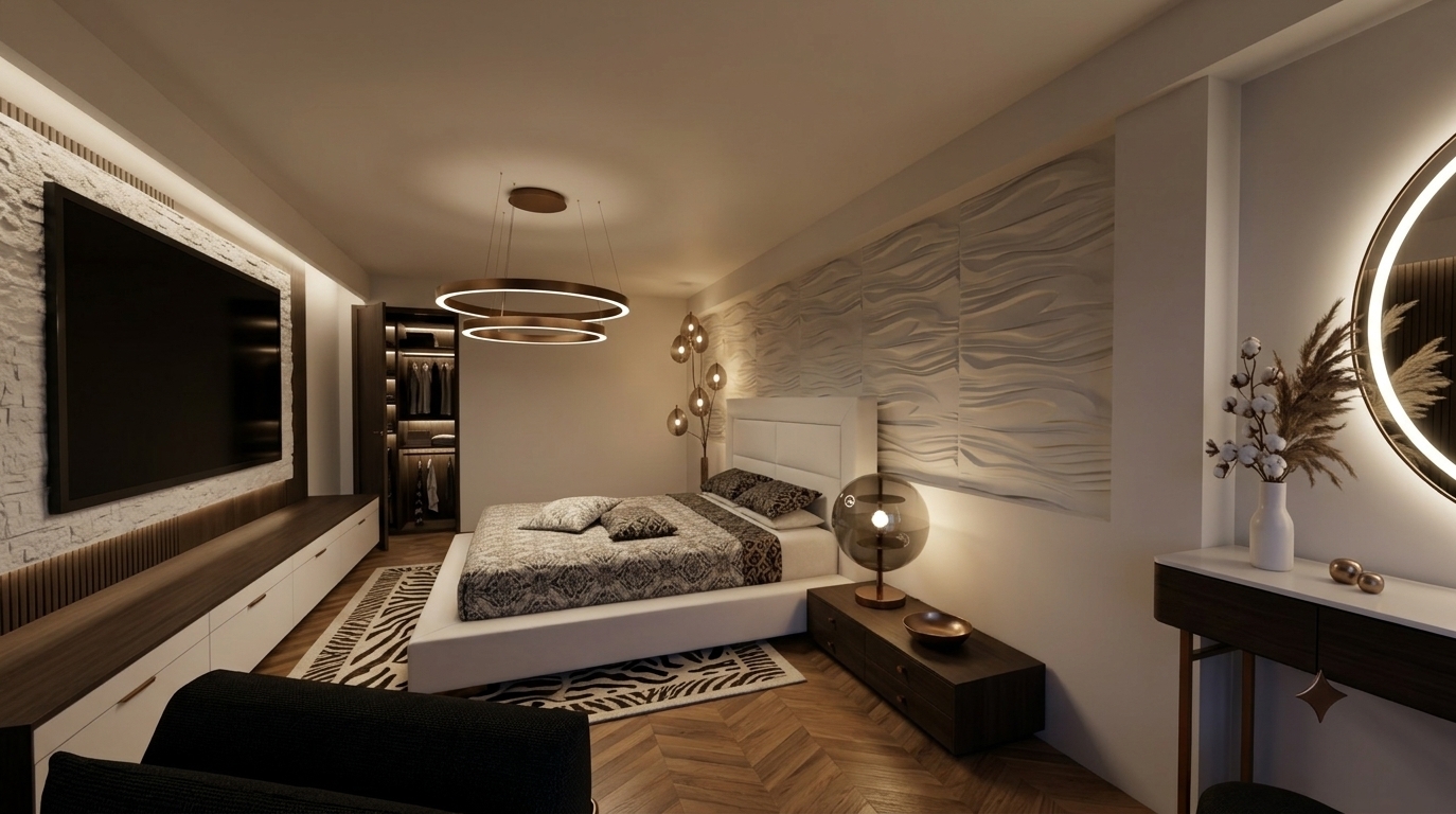 An incredibly lifelike, richly detailed, photorealistic interior photo of a luxurious, modern fusion hotel suite set in a high-end urban high-rise. The scene is illuminated by warm, atmospheric ambient light from sculptural designer fixtures, a backlit vanity mirror, and soft indirect glows, creating an intimate, sophisticated, and dynamic atmosphere. Captured with a wide-angle 24mm architectural lens, emphasizing the clean geometric lines and exquisite contrast between smooth and highly textured surfaces, this master bedroom showcases a bold black-and-white color palette softened by rich metallic tones and warm wooden herringbone-patterned flooring. The low-profile white platform bed, anchored by a graphic zebra-print accent rug, features a dramatic high-contrast headboard, while the wall behind it is adorned with modular, wave-like abstract 3D wall art panels that catch soft shadows. Opposite the bed, a massive flat-screen television is seamlessly flush-mounted against a textured white stone accent wall, framed by a long, minimalist dark wood credenza below. To the side, a floating white nightstand supports a stunning smoked-glass spherical table lamp with golden interior baffles, harmonizing with the double-ringed bronze pendant light floating overhead. A sophisticated vanity corner features a glossy console table, a minimal botanical arrangement of dried cotton and pampas grass in a ceramic vase, and a large circular mirror ringed in crisp LED-halo lighting, leading the eye toward a dim, beautifully organized open-concept walk-in wardrobe visible in the background.