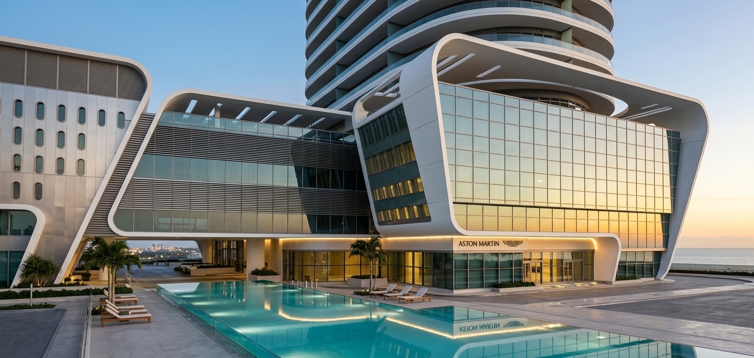 An incredibly lifelike, richly detailed, photorealistic exterior architectural shot of a retro-futuristic skyscraper podium and adjacent outdoor luxury pool area set in a high-end coastal metropolis. The scene is illuminated by the warm, gold-and-azure hues of an early evening sunset, creating a sophisticated and nostalgic atmosphere. Captured with a professional medium-format camera and a 24mm tilt-shift lens, emphasizing the crisp white composite panels, reflective tinted glass curtain walls, and shimmering water surfaces. The building’s swooping, aerodynamic white concrete frames wrap elegantly around a multi-story glass showroom featuring the iconic Aston Martin insignia, gleaming softly under integrated warm LED cove lighting. In the foreground, a pristine, turquoise glass-walled pool stretches out, its calm surface mirroring the sweeping architectural curves of the tower above. Mid-century-modern lounge chairs and minimalist palm landscaping border the polished concrete deck, enhancing the luxurious retro-future resort vibe and seamlessly blending high-design architecture with an oasis-like outdoor setting.