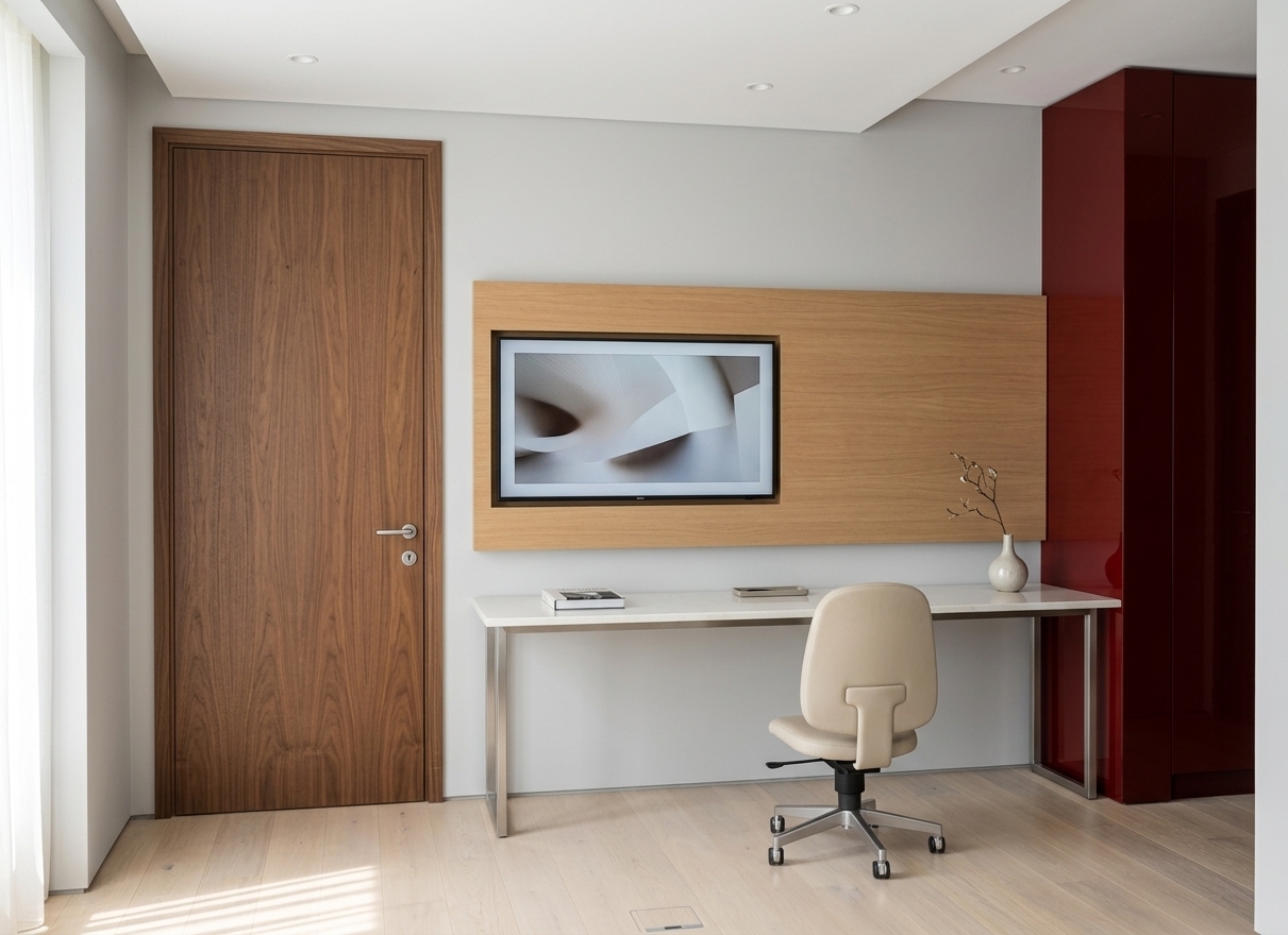 An incredibly lifelike, richly detailed, photorealistic eye-level interior photo of a sleek workspace inside a contemporary elegant hotel room set in a luxury city-center boutique hotel. The scene is illuminated by bright, natural midday summer sunlight filtering in from an adjacent window, creating an airy, light-filled, and sophisticated atmosphere. Captured with a professional 35mm architectural lens, the shot emphasizes a balanced palette of warm white, pearl, champagne, and soft gray. To the left, a clean-lined door crafted from refined, rich-grained walnut veneer with a slim polished-chrome handle is set flush against the soft gray wall. Centered in the room is a long desk featuring a polished pearl-white stone surface resting on slim metal legs, accompanied by a tailored, upholstered desk chair dressed in an elegant champagne fabric. Above the desk, a sleek flat-screen TV displaying abstract digital wall art is integrated beautifully onto a warm oak backing panel. The floor consists of light, satin-finished hardwood planks reflecting the bright daytime ambiance, while a deep red lacquered column in the corner defines the transition to a closet area, completed by curated decor and a stylish photography book resting nearby under quiet, sculptural recessed ceiling lights.