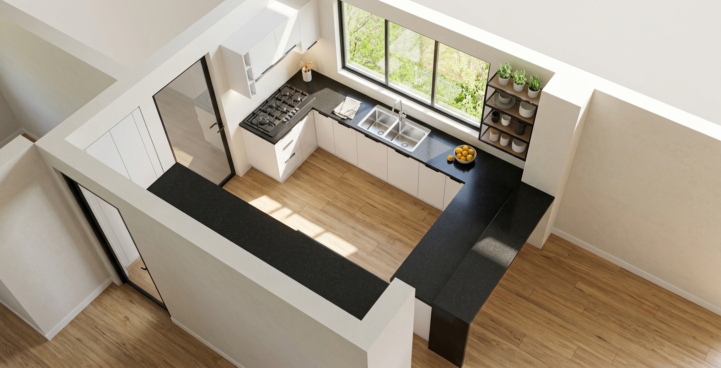 An incredibly lifelike, richly detailed, photorealistic interior photo of a sleek, retro-futuristic kitchen set in a modern, open-concept home during the spring season. The scene is illuminated by bright, natural midday sunlight pouring through a large, three-panel window, creating a warm, vibrant, and airy atmosphere. Captured with a wide-angle 24mm architectural lens, emphasizing the crisp contrast between the pristine matte-white cabinet finishes and the deep, textured black quartz countertops, this U-shaped kitchen layout exudes clean, minimalist sophistication. The cabinetry features sleek, recessed handles that preserve the flat-panel aesthetic, perfectly complemented by a modern four-burner integrated gas cooktop and a polished stainless steel double sink placed directly beneath the window views. Warm, light-toned wood plank flooring runs throughout, softening the contrasting black-and-white palette. On the right, the black countertop transitions into a striking waterfall edge over a breakfast bar, while an open geometric shelving unit and a glass-paneled swing door provide elegant, clean-lined architectural details, all beautifully rendered in crisp interior shadows and specular highlights from the abundant spring daylight.